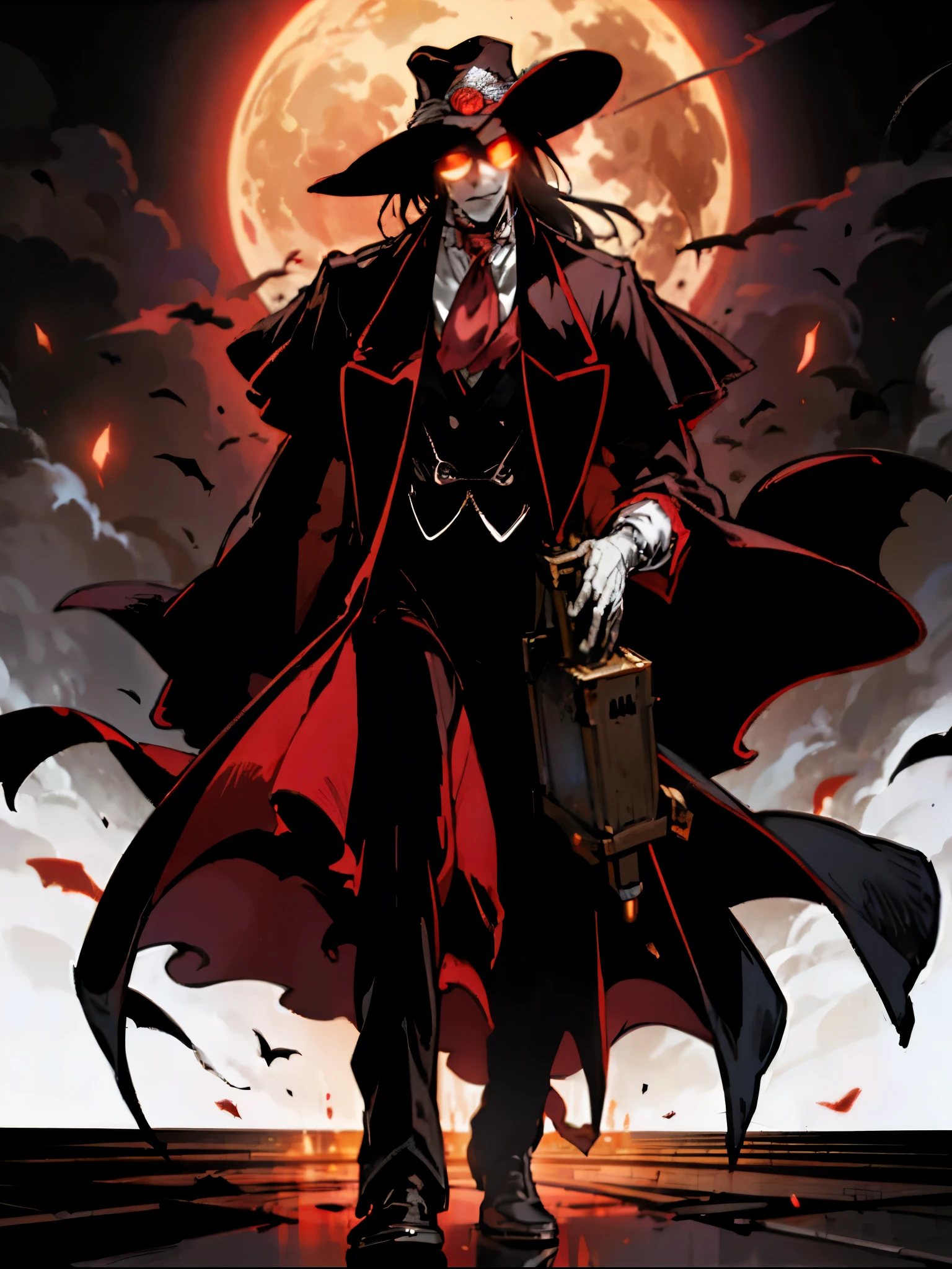 Alucard, The Charismatic Vampire from the Anime Series "Hellsing", He is an iconic figure with an impressive and ominous presence,His face has a pale complexion, Almost cadaverous, que contrasta fuertemente con su cabello oscuro y desordenado,Her crimson eyes, penetrantes y llenos de maldad, resaltan en su rostro,He always has a sardonic countenance and a mocking smile that gives him an air of defiance,las gafas de Alucard son un distintivo importante tiene unas gafas de sol negras, Classic style, que lleva incluso en lugares oscuros,These glasses become a symbol of his defiant and enigmatic attitude,su vestimenta es igualmente impresionante,usa un traje elegante de estilo victoriano que consta de un abrigo largo y rojo oscuro con detalles en negro, destacando su figura imponente,Debajo del abrigo, lleva una camisa blanca y una corbata negra bien ajustada. Complementa su atuendo con guantes negros y botas altas de estilo militar,Alucard is always accompanied by his weapons, He has a pair of gloves with sharp metal tips that he uses for melee fighting, in addition to carrying two powerful semi-automatic pistols called "Casull" y "chacal". These weapons are designed to take out your enemies with efficiency and style,su entorno suele ser oscuro y siniestro, representing their vampiric nature. Alucard se desenvuelve en lugares oscuros, Gloomy and full of mystery, como castillos abandonados o la noche en una ciudad,The atmosphere that surrounds it adds to its intimidating and sinister aura, Alucard es un vampiro que emana poder y misterio, con un estilo distintivo y armas letales, y se mueve en un entorno oscuro que refleja su naturaleza sobrenatural,