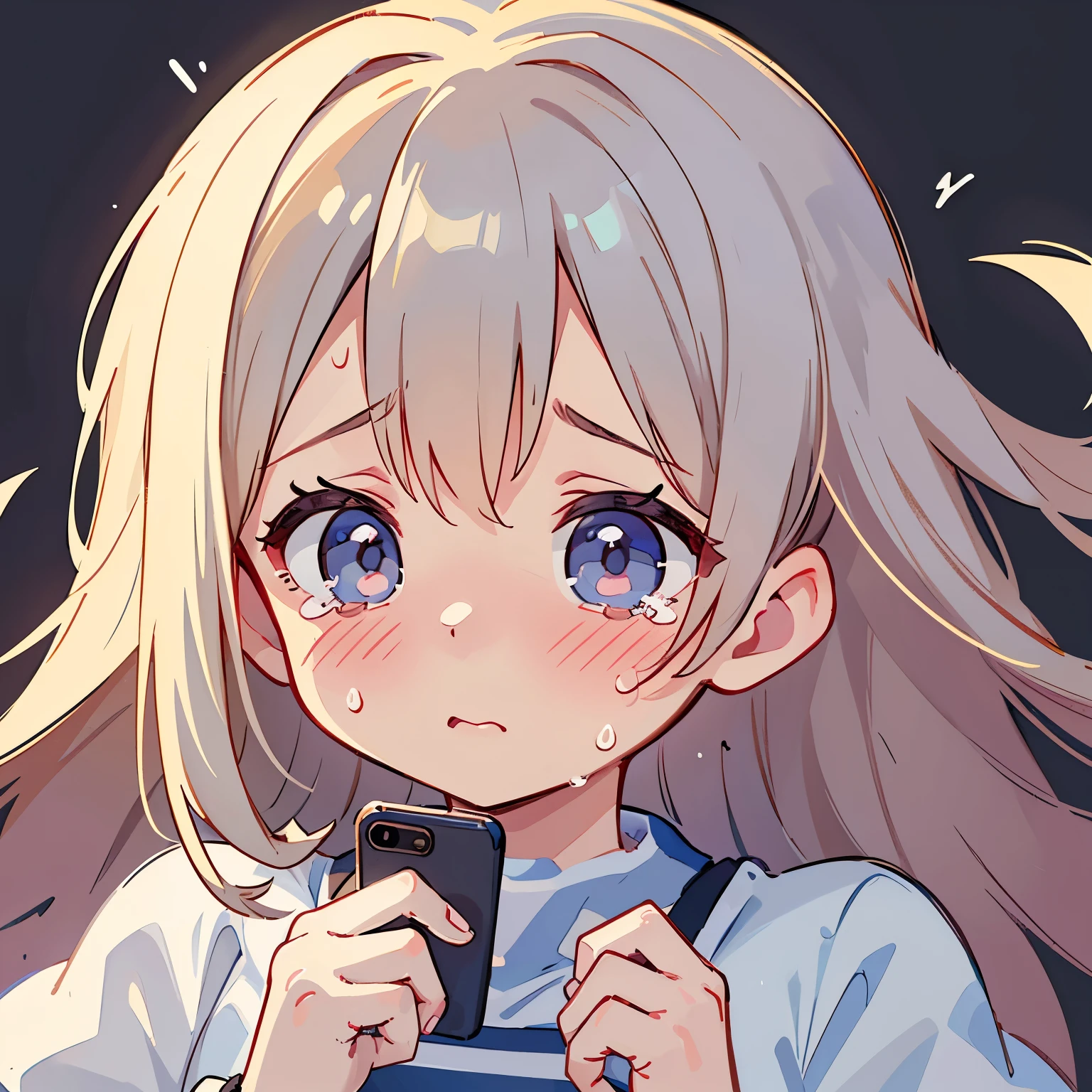 An illustration of a girl crying uncontrollably while holding a smartphone. The girl looks devastated, tears streaming down her face as she holds the smartphone tightly. Her expression should convey deep sadness and distress. The background could be simple, focusing on the girl and her smartphone. The scene captures the emotional turmoil of the girl as she cries while holding onto her device