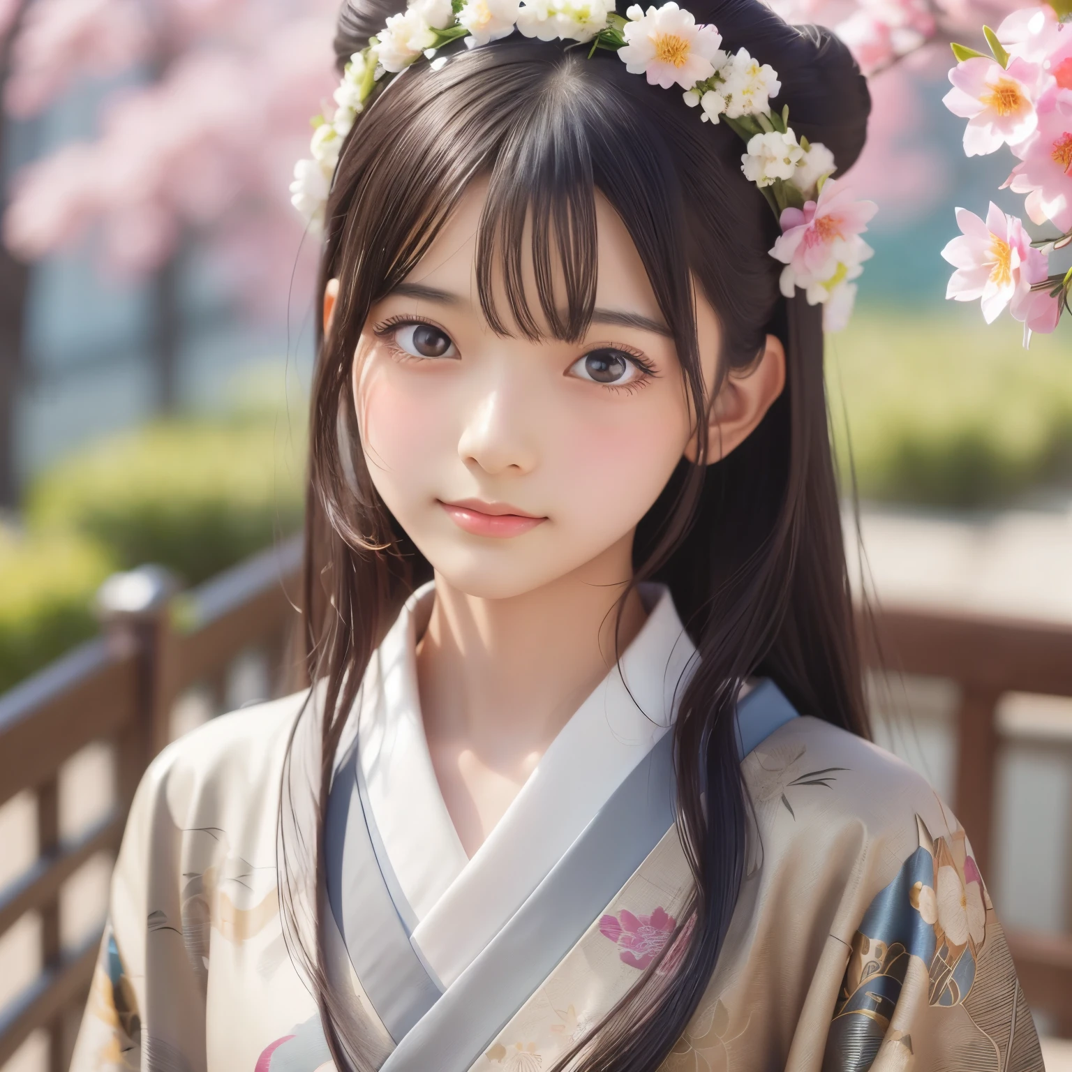 Arabian woman in kimono with flowers on her head, Beautiful digital artwork, Beautiful digital illustrations, Beautiful digital painting, Gorgeous digital painting, Gweiz-style artwork, Photorealistic anime girl rendering, Smooth anime CG art, Beautiful digital art, Amazing digital art with great detail, Amazing digital illustrations, Detailed digital anime art, April Rendering, Beautiful anime portraits