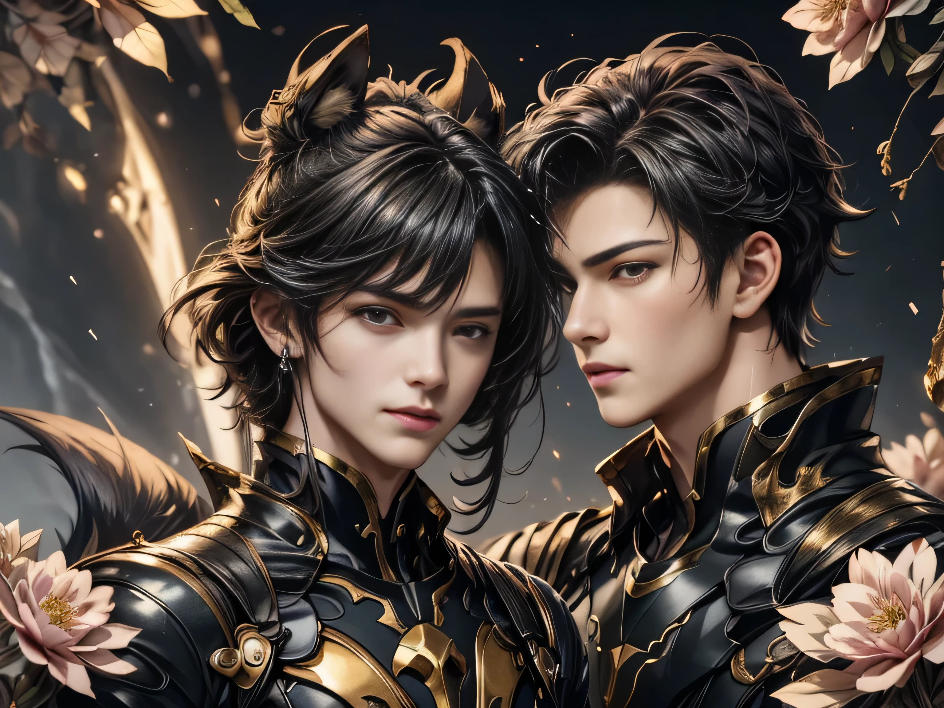 (Best Quality, 8K, Masterpiece, HDR, Soft Lighting, Picture Perfect, Realistic, Vivid), Nine Tails of a Black Fox (1.0), Tail of a Black Fox (1.0), Nine-Tailed Fox, Guy Fox with Black Hair and Blue Suit Sexy open leather suit, naked torso with developed body, beautiful fantasy anime, very handsome and cute fox guy, pink flower rain, background blur, anime fantasy, Gouves style work, realistic: 1.37, top view, lying in pink flowers, horizontal view, (ultra high quality fantasy art), masterpiece, male model, ultra high quality male character design, anime art with 8k development, realistic anime art, highest quality wallpaper illustrations, complex ultra high quality accurate male characters faces, high quality design and accurate physics (super high quality fantasy style)) art, dark fantasy)) Style), masterpieces, super high-quality characters, anime resolution - 8K, realistic anime art, wallpapers with the highest quality illustrations, ultra-high detail of faces, high-quality design and accuracy of physics), color, depth of field, shadows, ray tracing , production of high-quality computer wallpapers and 8K resolution, (Accurate simulation of the interaction of light and materials)], [High-quality hair detail [More about beautiful and shiny red hair]], (Beautifully detailed hands [perfect fingers [Perfect nails]], (perfect anatomy (perfect proportions)))) [[Full-length]], [Perfect combination of colors (Accurate imitation of the interaction of light and material)], [art that conveys the meaning of the story]