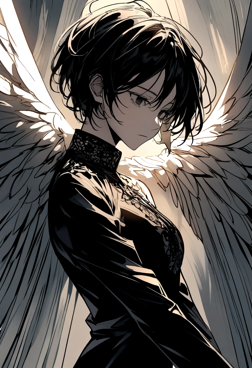 Black Hair,short hair,black eye,Angel&#39;s wing,Black clothes,Gender unknown,Expressionless,The lines are a little rough
