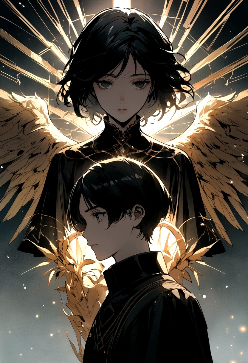 Black Hair,short hair,black eye,Angel&#39;s wing,Black clothes,Gender unknown,Expressionless,The lines are a little rough