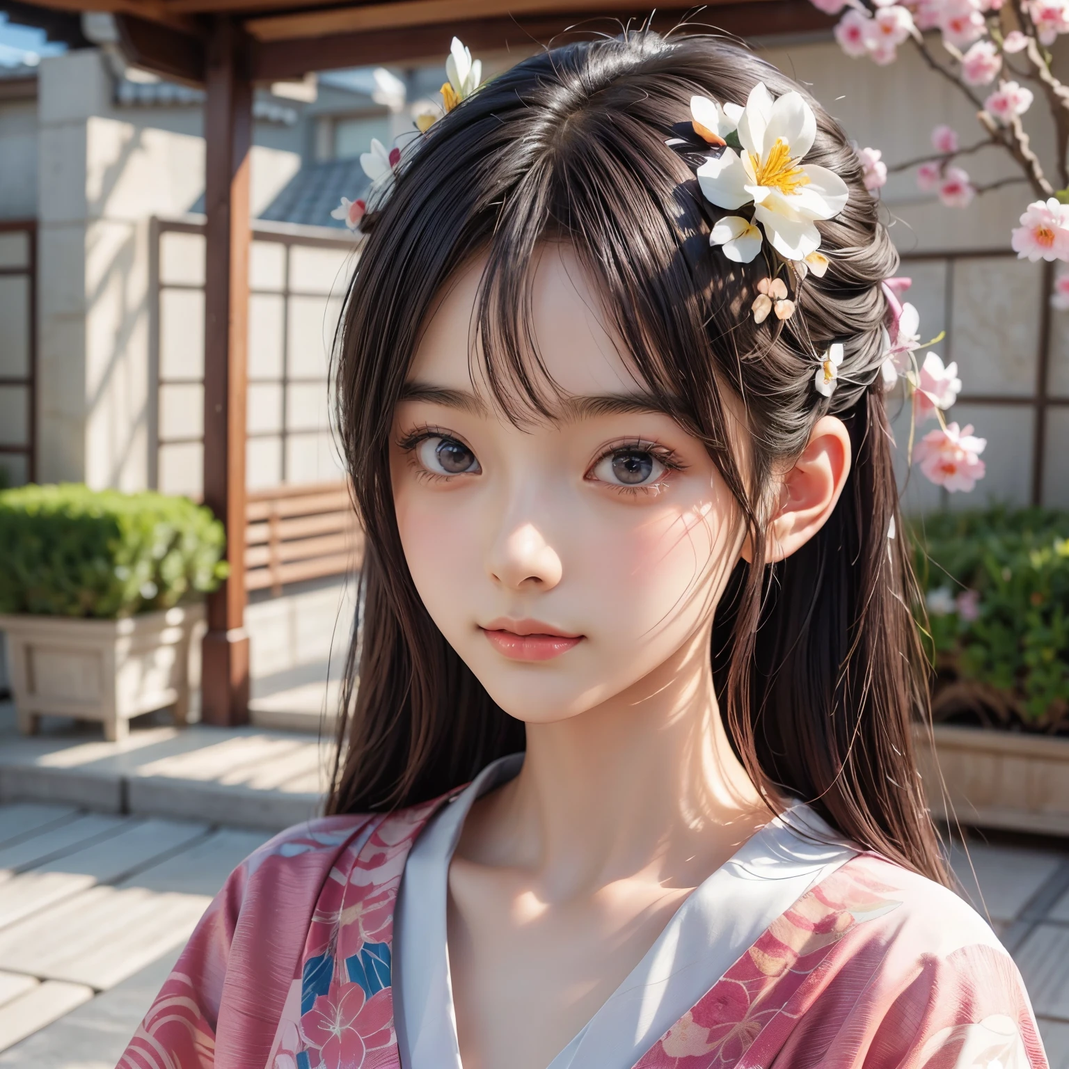 Arabian woman in kimono with flowers on her head, Beautiful digital artwork, Beautiful digital illustrations, Beautiful digital painting, Gorgeous digital painting, Gweiz-style artwork, Photorealistic anime girl rendering, Smooth anime CG art, Beautiful digital art, Amazing digital art with great detail, Amazing digital illustrations, Detailed digital anime art, April Rendering, Beautiful anime portraits