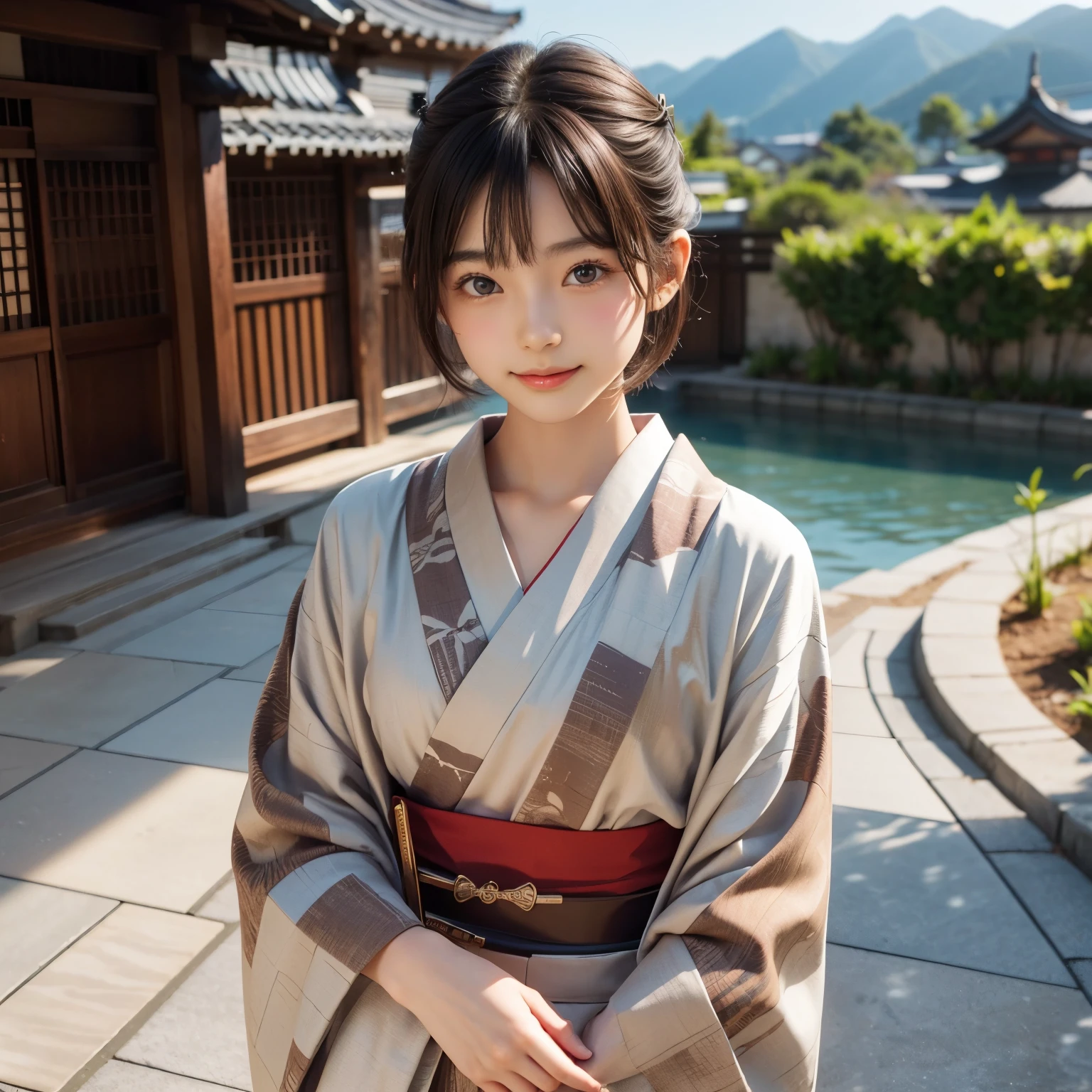 One girl, alone, kimono, short hair, arms, sword, Brown eyes, View Viewer, kimono, Brown Hair, lips, Hands on hips, sheath, smile, knife, Black Hair, Upper Body, Mouth closed, sheathed, Raise your hand