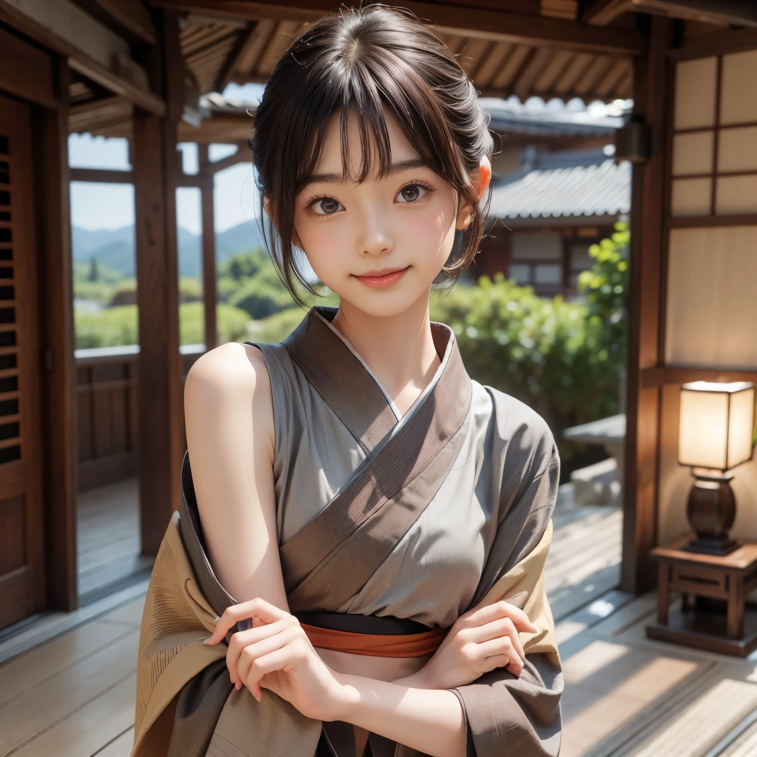 One girl, alone, kimono, short hair, arms, sword, Brown eyes, View Viewer, kimono, Brown Hair, lips, Hands on hips, sheath, smile, knife, Black Hair, Upper Body, Mouth closed, sheathed, Raise your hand