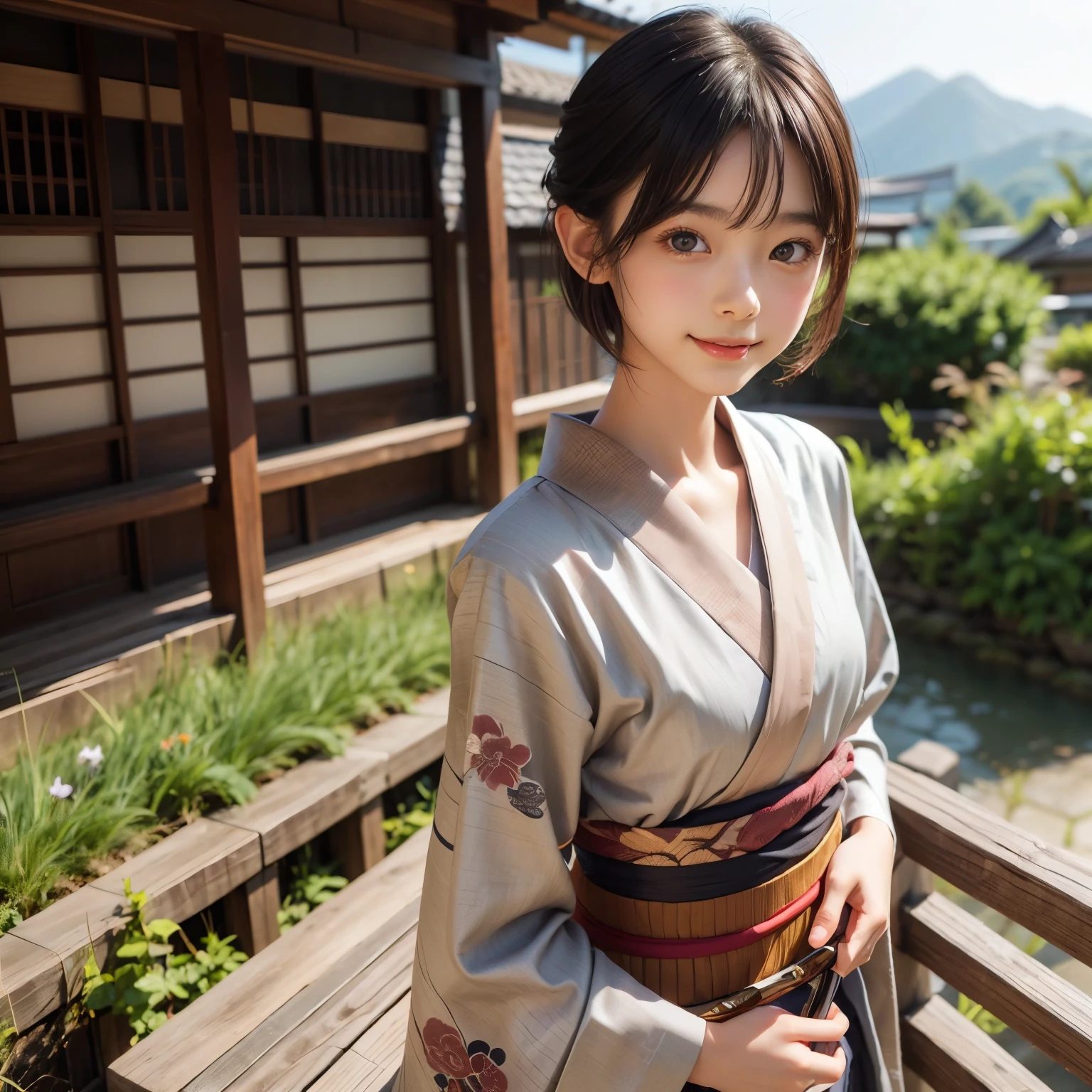 One girl, alone, kimono, short hair, arms, sword, Brown eyes, View Viewer, kimono, Brown Hair, lips, Hands on hips, sheath, smile, knife, Black Hair, Upper Body, Mouth closed, sheathed, Raise your hand  