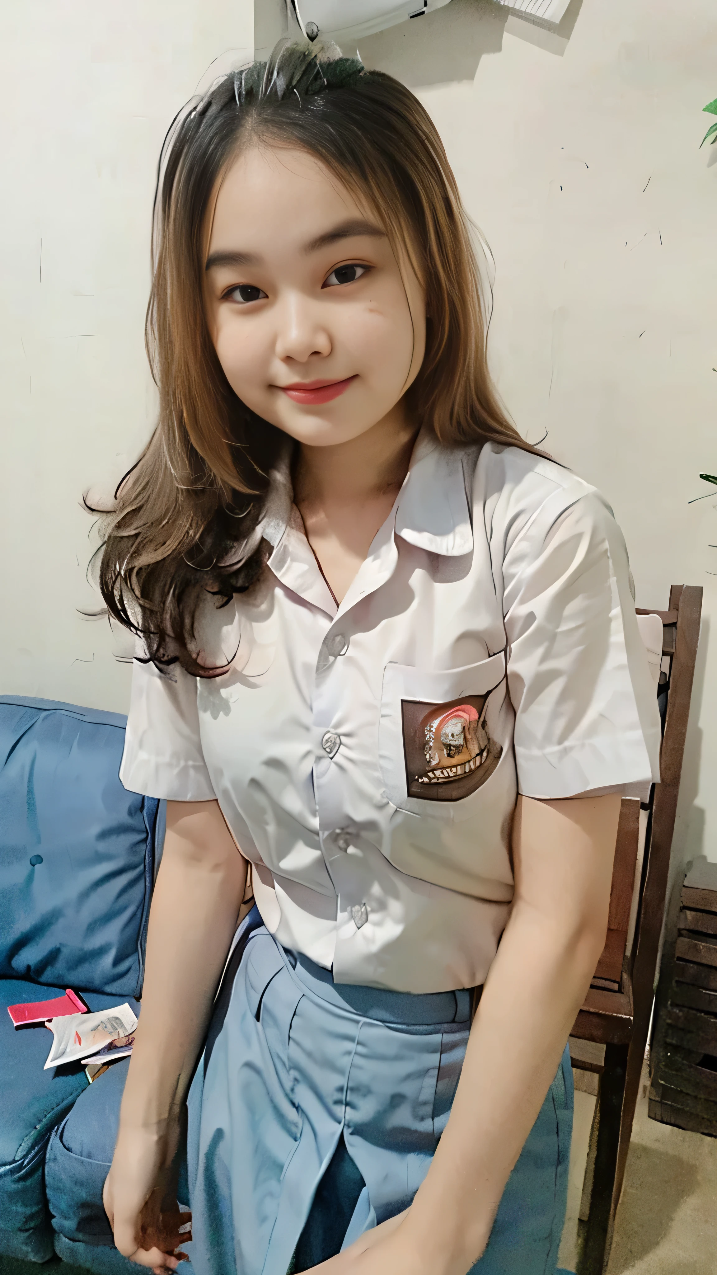 (8k, RAW photo, best quality, mastery:1.3), (realistic, photo-realistic:1.37), (looking viewer:1.331), posing Seductively, living room, soft light,  girl, short body, beautiful thighs, smaller chest, brunette hair, long hair, smile, white shirt, short sleeves, blue mini skirt