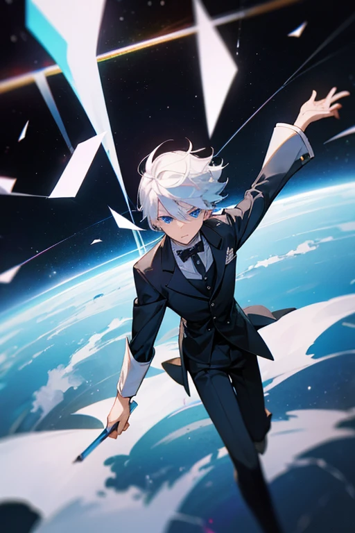 A boy about 15 years old with white hair and blue eyes was floating in space wearing a butler's uniform. There is a white veil.
