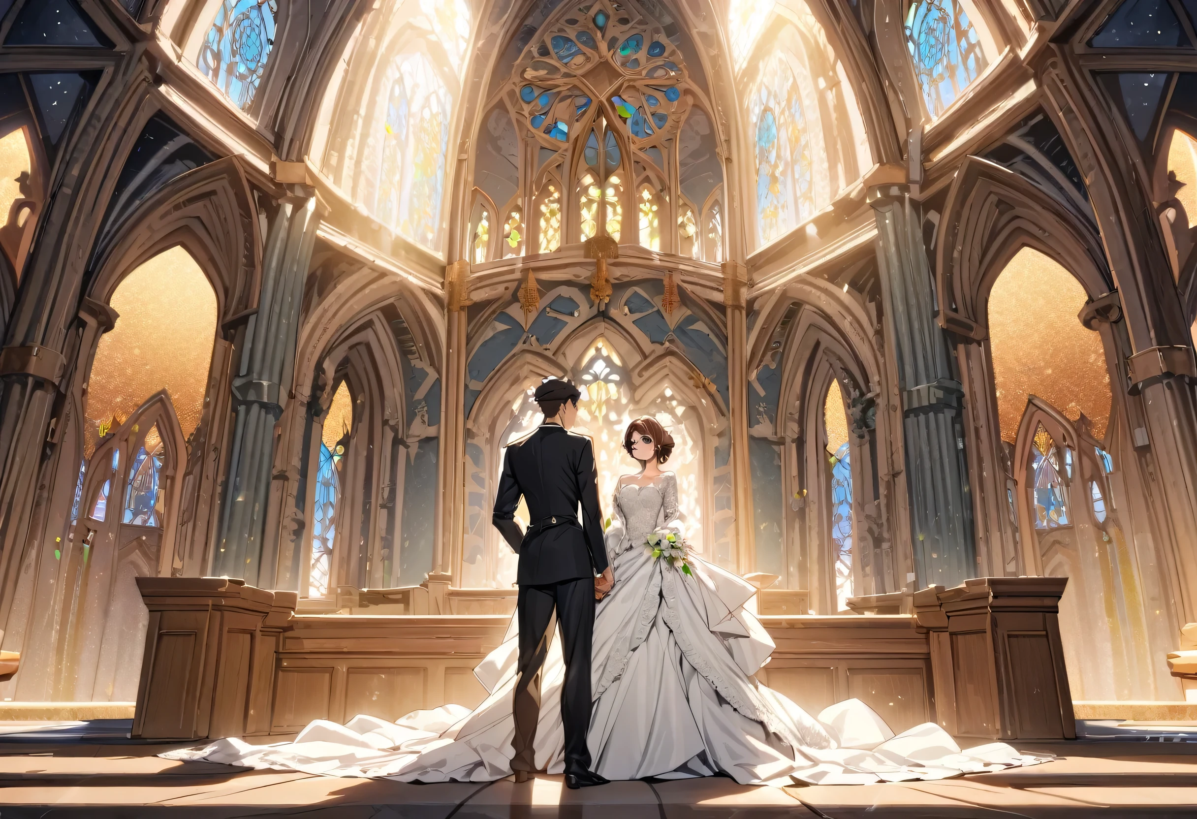 ((The bride and groom appear style)), (a bob brown hair short hair immensely beautiful bride woman, beautiful green eyes) and (a black very short hair groom guy, Athlete body, tool, soft smile, blue eyes, glasses), BREAK, (in the detailed Chapel), (detailed divine background), standing wait, BREAK, perfect anatomy, masterpiece, best quality, 16k, beautiful detailed grow, daydreaming expression.