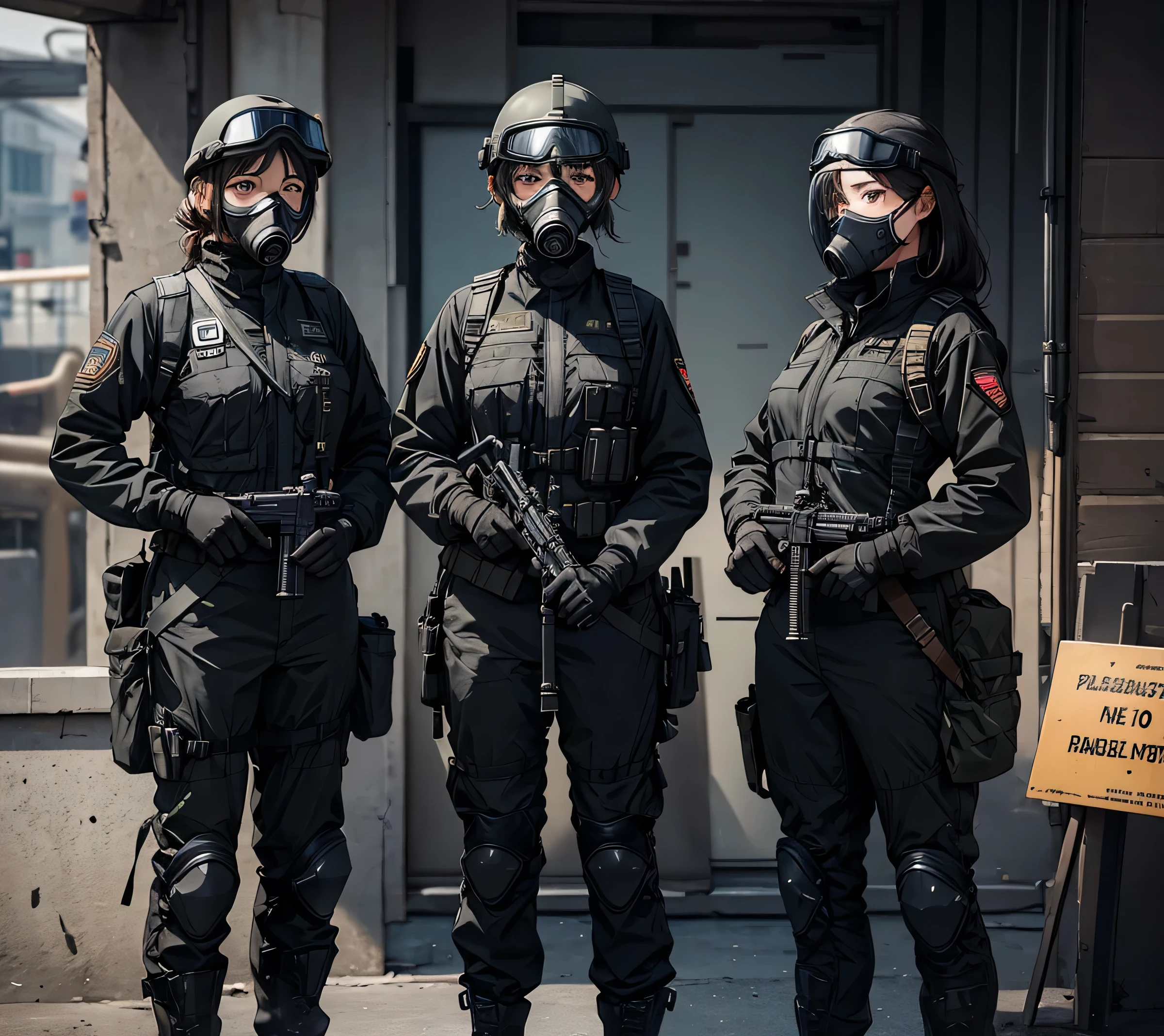 Three female soldiers wearing black helmets standing guard、Same height、Same pose、Wearing a gas mask、Wear goggles、Wearing all black M-51 military uniform、Write details、masterpiece、best quality、Highly detailed CG、8K picture quality
