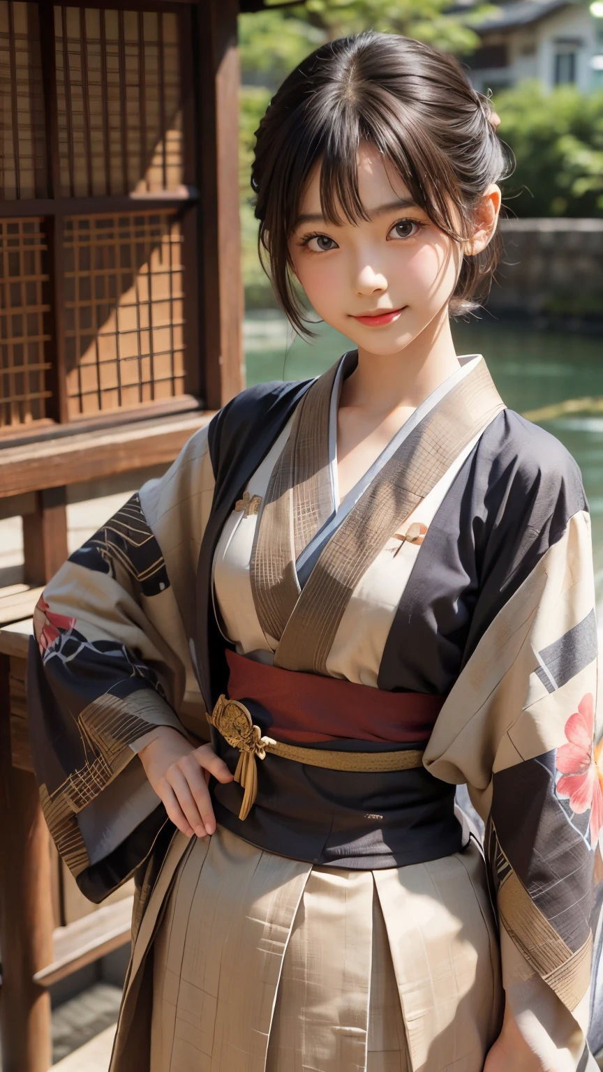 One girl, alone, kimono, short hair, arms, sword, Brown eyes, View Viewer, kimono, Brown Hair, lips, Hands on hips, sheath, smile, knife, Black Hair, Upper Body, Mouth closed, sheathed, Raise your hand  