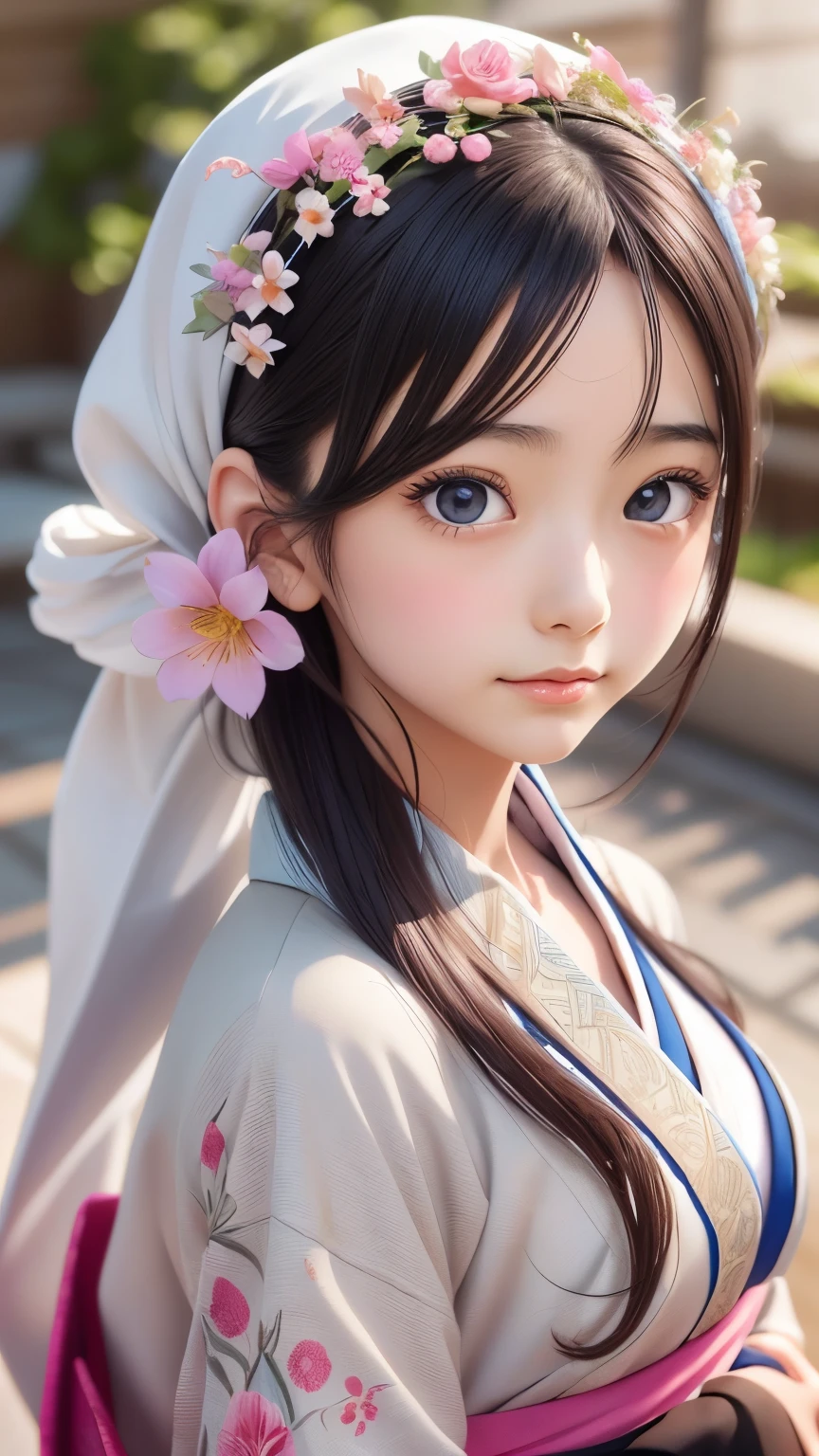 Arabian woman in kimono with flowers on her head, Beautiful digital artwork, Beautiful digital illustrations, Beautiful digital painting, Gorgeous digital painting, Gweiz-style artwork, Photorealistic anime girl rendering, Smooth anime CG art, Beautiful digital art, Amazing digital art with great detail, Amazing digital illustrations, Detailed digital anime art, April Rendering, Beautiful anime portraits