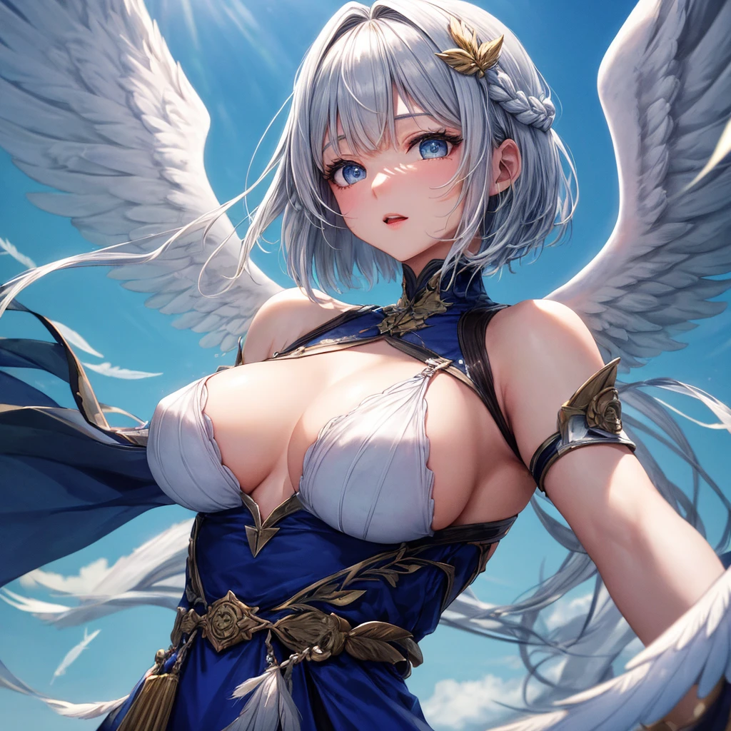 After image, Bokeh, Blurred foreground, Wide Shot, 超High resolution, retina, masterpiece, Attention to detail, highest quality, High resolution, 4K,god々In a cool atmosphere、A silver-haired braided short bob angel descends from the sky、White feathers flutter、Angel wings spread out on my back、The background is blue sky、Large Breasts、Captivating body、Ultra-detailed skin、Beautiful eyes、Detailed Background