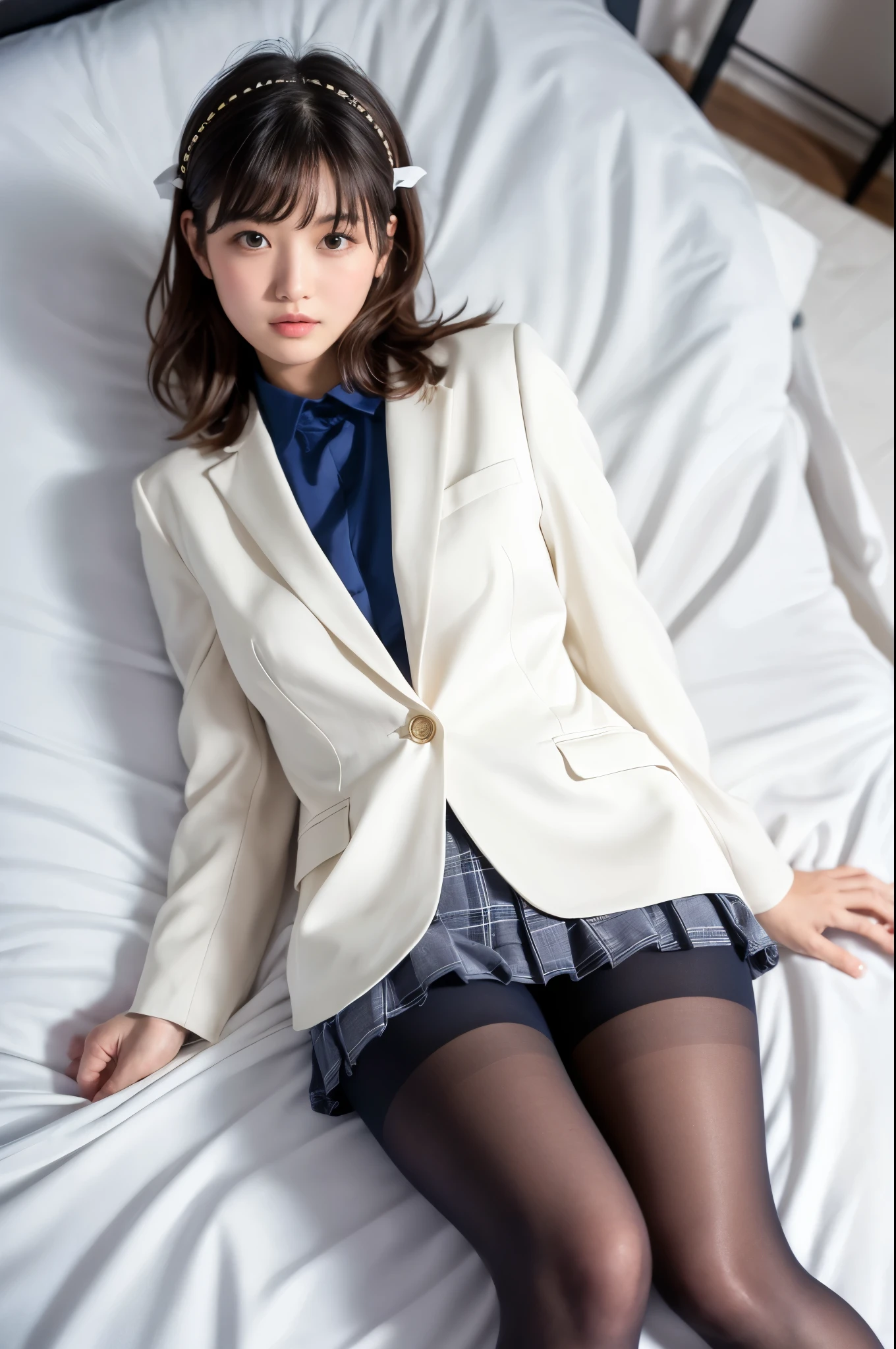(((masterpiece))), (((highest quality: 1.4))), ((Very detailed: 1.4)) , (Full Body Shot), Front view, Noble and beautiful Japanese girl, Cool Beauty、 (alone: 1.3), From above, Sitting, M-shaped legs, Small breasts, (Super realistic black pantyhose: 1.2), White panties are visible, Very beautiful girl, No shoes on, (blush: 1.3), Shy big eyes, (short (Brown hair parting), (bangs), Messy Hair, (hairpin), Lying on white sheets), looking at the camera, look white, White underwear, High Blazer, High cut white shirt, High Blue Ribbon, High , Checkered and navy pleated skirt, Mycotrose, Long brown hair, Brown eyes