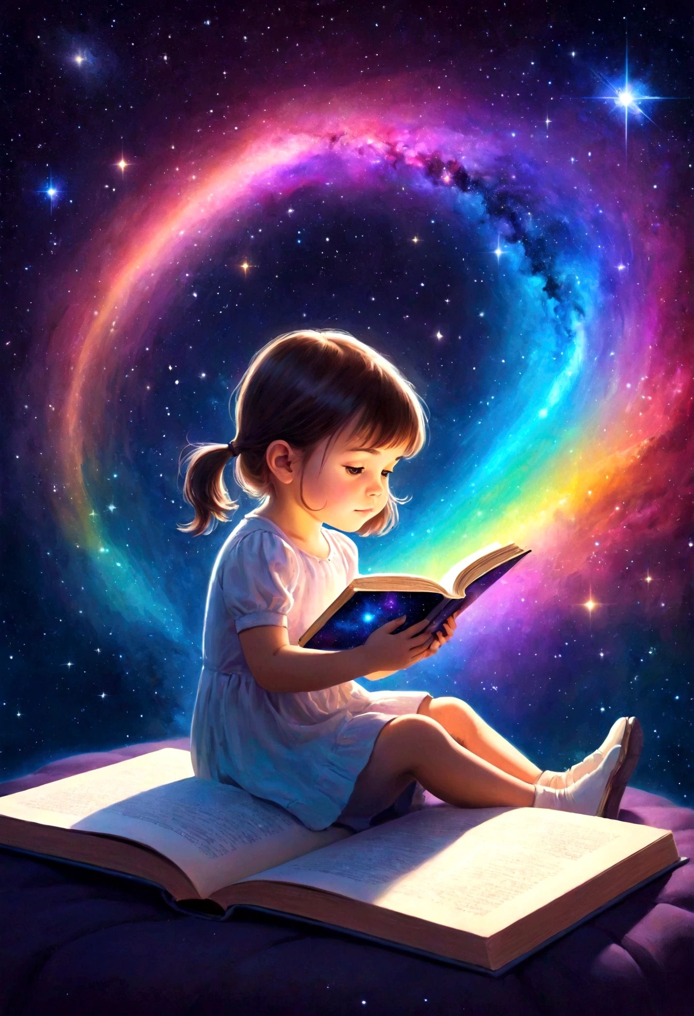 a sitting in the Star and reading a colored shining book, Rainbow colored cosmic nebula sky background, Star, galaxy, spaceship