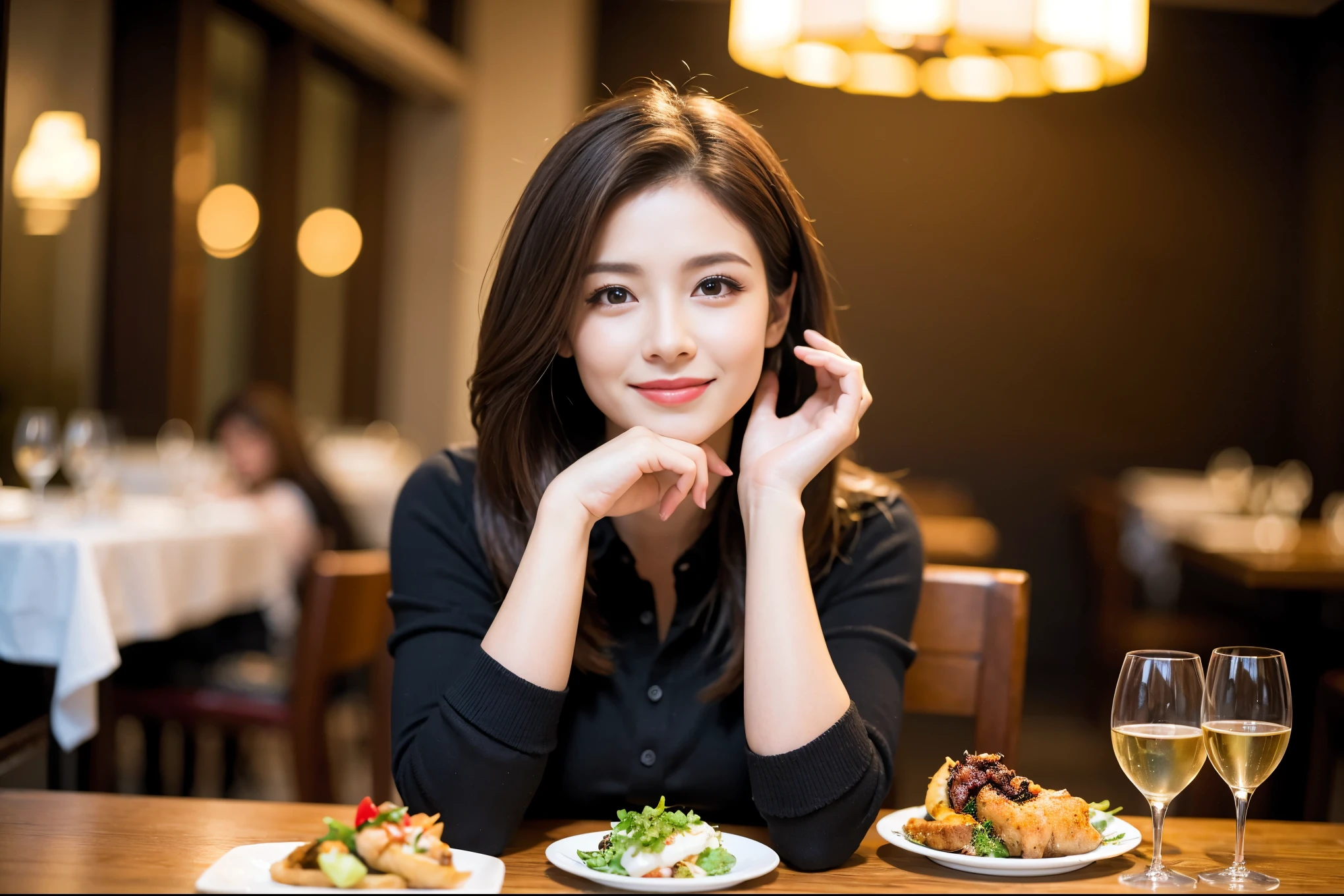 ((highest quality、8k、masterpiece:1.3))、1 male 1 female、Beauty Couple、Lovers、Couple、The body is slim、full-course dinner、((Bob Hale、Straight hair:1.2)), (Realistic, Intricate details:1.2), Wine glass on the table、Lighting the face、 Amazing view of the sunset sky and clouds、A bright smile、The wonderfulness of smile、 (Age 37), "41 years old, red wine 、Appetizers、Italian food、Wine bottle、Champagne、sparkling wine、Two beauties、Brown Hair、Shortcuts、Long sleeve shirt、dress、Pretty Woman 1, (Slim face), (The body is slim), (Brown Hair), (Shortcuts), cheeks turn a little red,Attractive beauty、restaurant, In a prominent place (From the waist up) Nova Frog Style, actress, model, Upper Body, White wine, slim, wine glass, A wine glass placed in the center, smile, (smile: 1.15), Beautiful fine grain, Depth f/2,saturation, High Contrast, Strong light and shadow,Moist Body:1.5、3D texture、Delicate eyes、Brown Hair、The hair is very shiny、