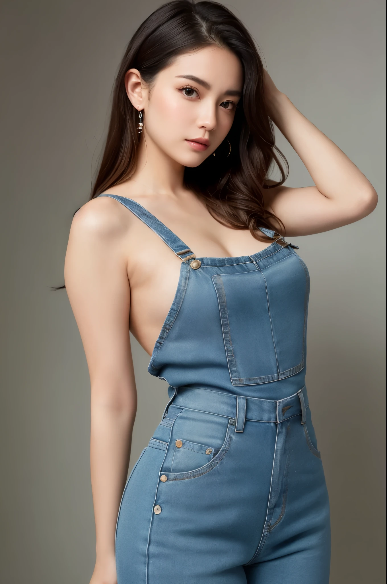 (masutepiece, top-quality:1.3), (Ultra detailed 8K cg:1.2), (hyper realisitic:1.35), (Photorealistic:1.45), (Realistic:1.4), Very detailed face and skin texture, a famous actress of Japan, Brown hair, gradation hair、Middle hair, (Tanned skin:1.4), (gal make:1.4),small tits、Very small breasts、 (flat chest:1.4), (gals:1.2), Dynamic Angle, Dynamic lighting, Looking at Viewer, (Naked Dungaree:1.2), Slimed、A slender、Model body type