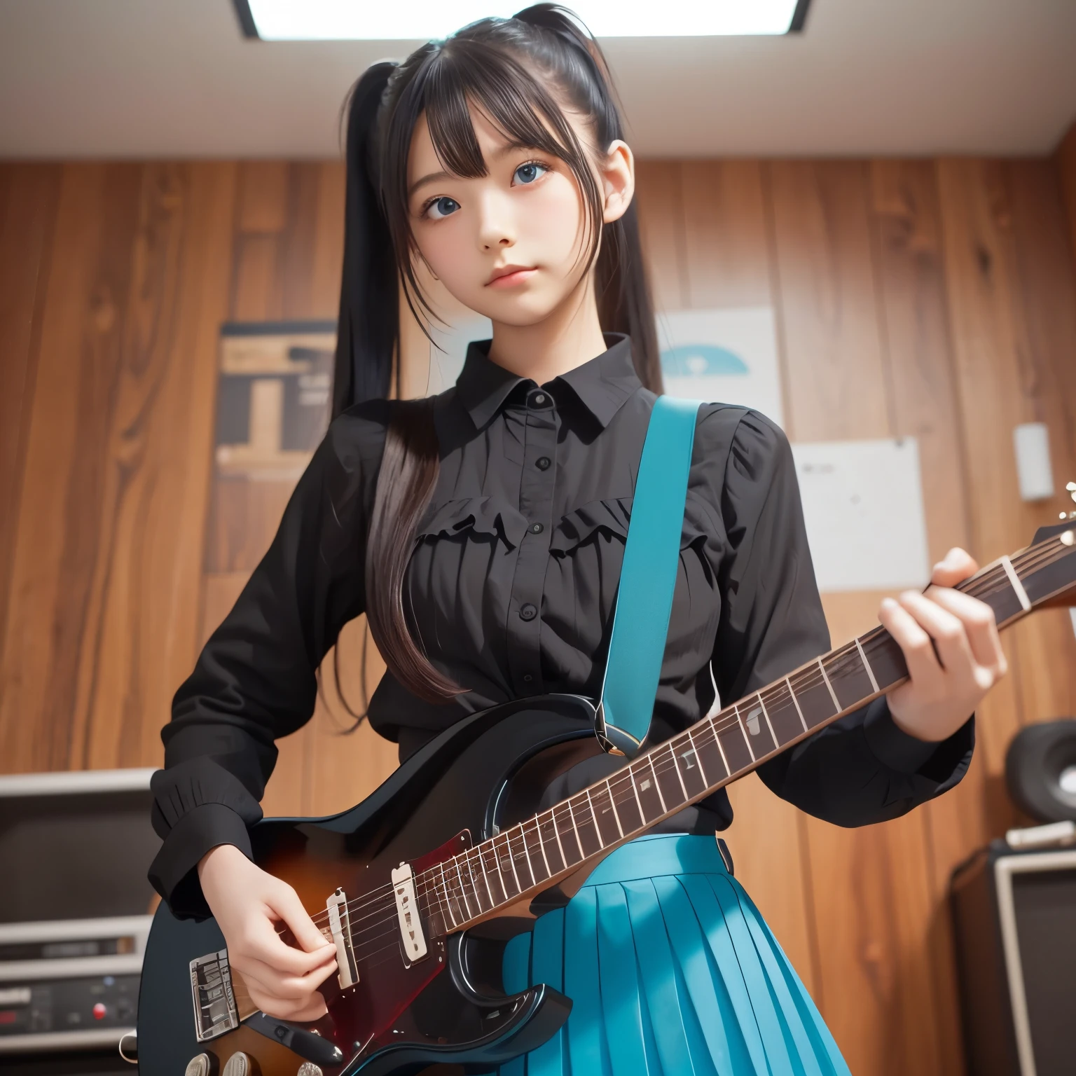 ((masterpiece, highest quality))One girl, alone, Black Dress, blue eyes, electric guitar, guitar, Headphones, Double Ponytail, Holding, Holding plectrum, musical instrument, Long Hair, music, One side up, Turquoise Hair, Twin tails, guitarを弾く, Pleated skirt, Black Shirt, interior