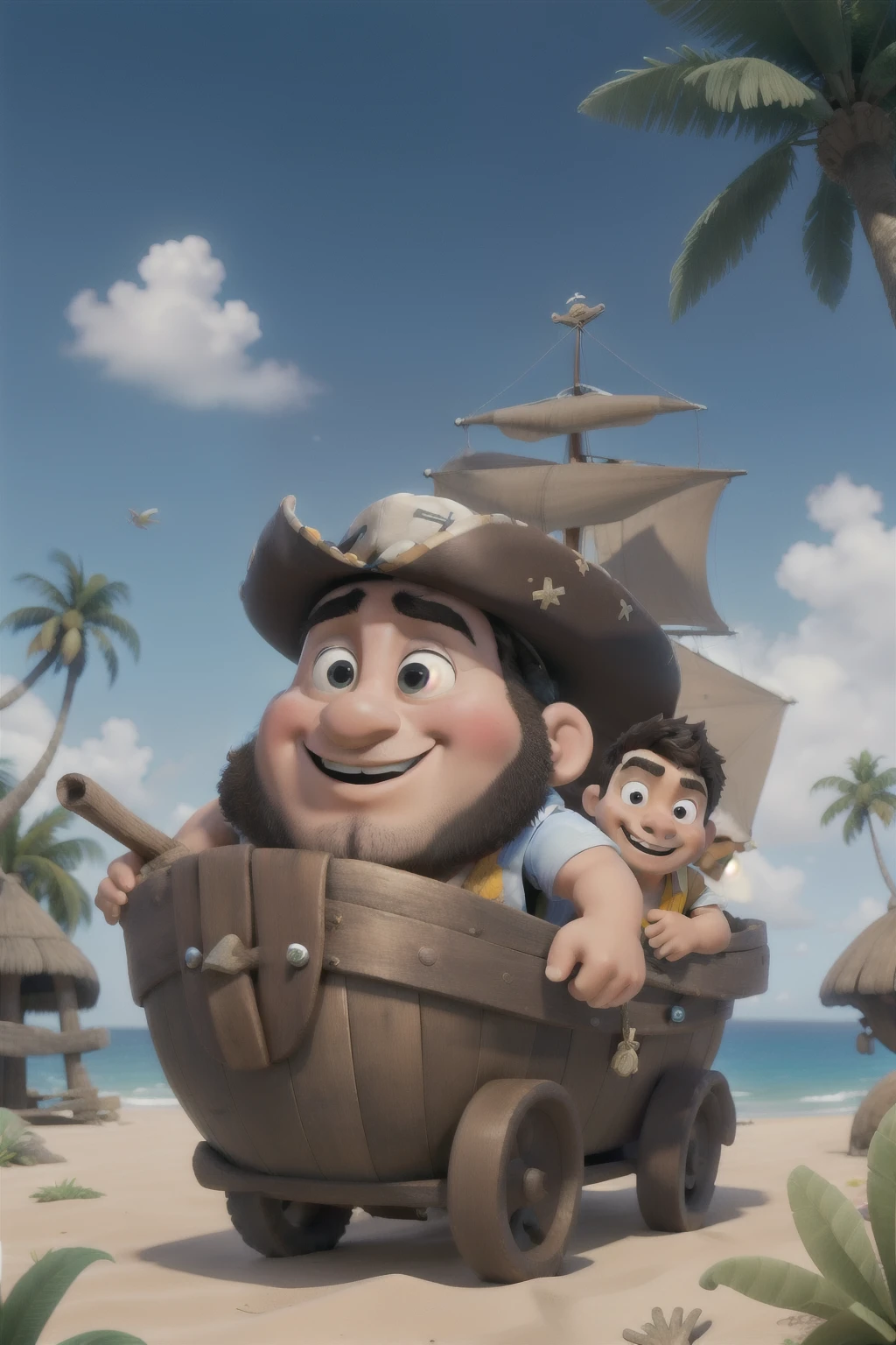 Obra de arte, melhor qualidade, um pirata segurando uma garrafa, com um chapeu rasgado, com um papagaio nos ombros, em uma mata atlantica.