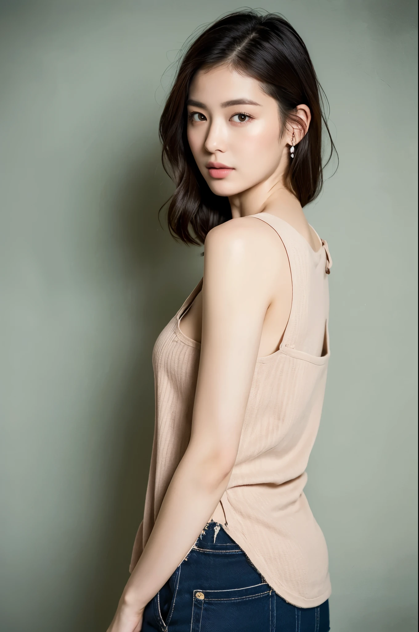 (((masterpiece))), (((highest quality: 1.4))), ((Very detailed: 1.4)) , (Full Body Shot), (Shot from the side), ((One Woman)), Incredible beauty、Voluptuous mature woman、((nude、Wearing a over-alls))、 Perfect look,double eyelidの目,Delicate makeup,Cool Beauty, Accurately expresses details such as face and skin texture,(The most beautiful face and eyes), double eyelid,Delicate skin,