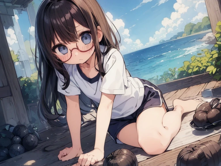 (Large round glasses:1.3)、(Timid Girl、blush、sorrow:1.2)、Black long hair、White short sleeve shirt、Thin arms、(Navy blue shorts)、Gym suit、 body、Flat body、Flat Chest