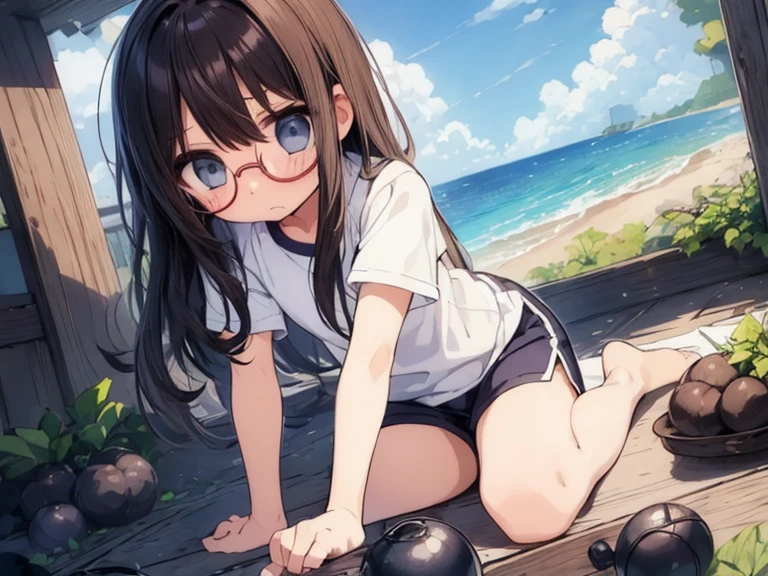 ((orgasm)、blush、Convulsions、Watery eye、Gym suit、Navy blue shorts、Big red round glasses、Love juice、girl is peeing:1.4)
