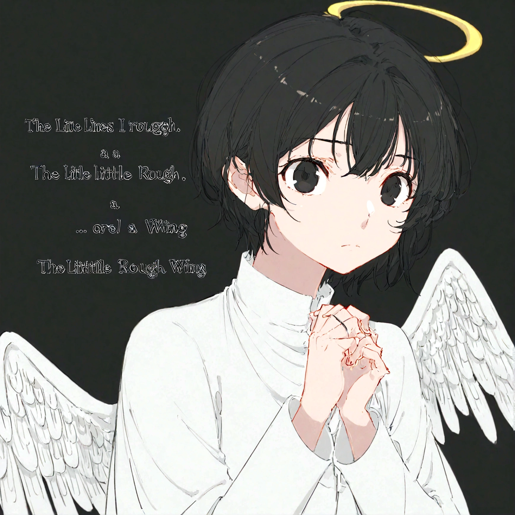 Black Hair,short hair,black eye,Angel's wing,Black clothes,Gender unknown,Expressionless,The lines are a little rough,No breasts