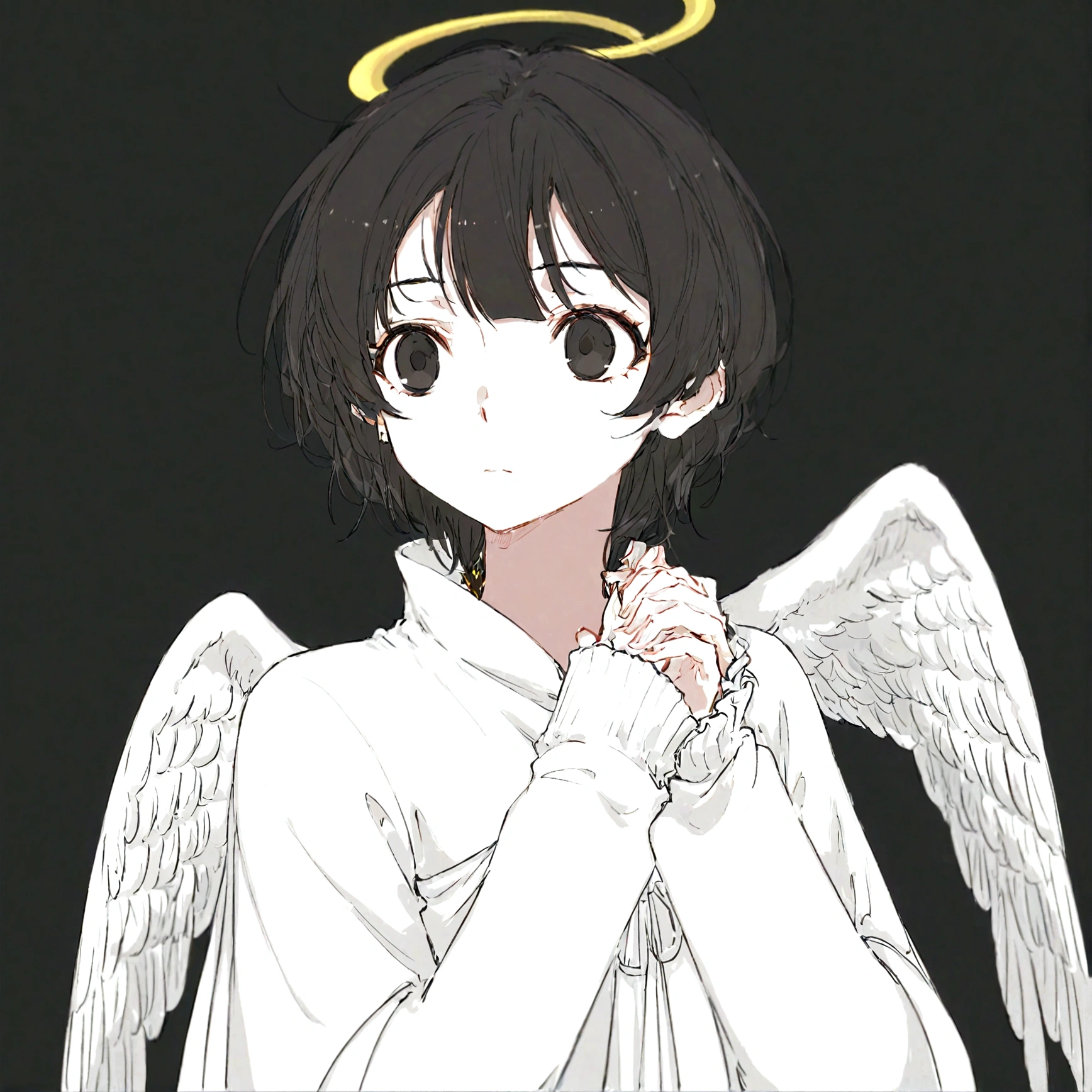 Black Hair,short hair,black eye,Angel&#39;s wing,Black clothes,Gender unknown,Expressionless,The lines are a little rough,No breasts