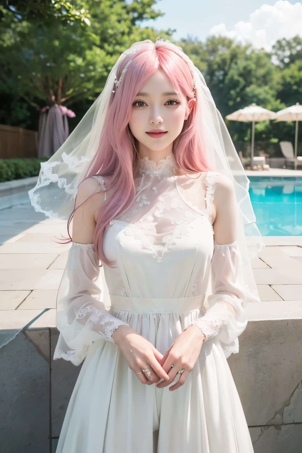 (8K, top-quality, masterpiece:1.2), (reallistic, Photorealsitic:1.37), Super Detail, One girl,), (Highly detailed), (beautifully detailed eyes), (of the highest quality), (super detailed ), (masterpiece), (Detailed face),20yr old, ,1 girl, ((pink hair,long hair)), medium breasts, clothed, Perfect Lighting, BREAK, (wedding dress:1.5), (sheer fabric:1.3), (lace details:1.4), (modest exposure:1.2), (innocent yet sexy:1.3), (white:1.4), (ivory:1.2), (beige:1.1), (long train:1.2), (high-neck blouse:1.1), (wide-leg culottes:1.2), (silk socks:1.1), (flat shoes:1), BRAKE, (upper body to thighs:1.3), (long pink hair:1.2), (standing:1.2), (smile:1.2), (face forward:1), (looking at viewer:1), (hands on dress:1), (chandelier:1.1), (white flowers:1), (natural light:1.2), (poolside:1.2)