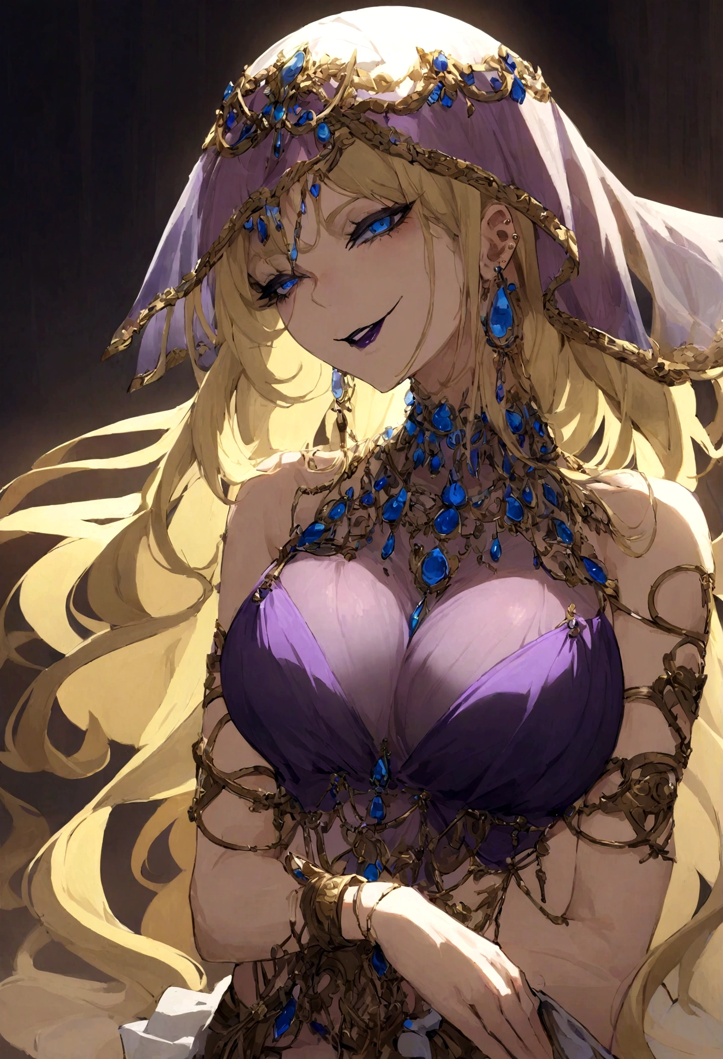 She has long blonde hair cascading down her back.Piercing blue eyes. Her outfit consists of delicate, thin chains and ornamental pieces that barely cover her body. A translucent purple veil covers her lower face, with intricate jewelry adorning her neck, arms, and waist. evil smile, subservient, large breast, egyptian style clothng