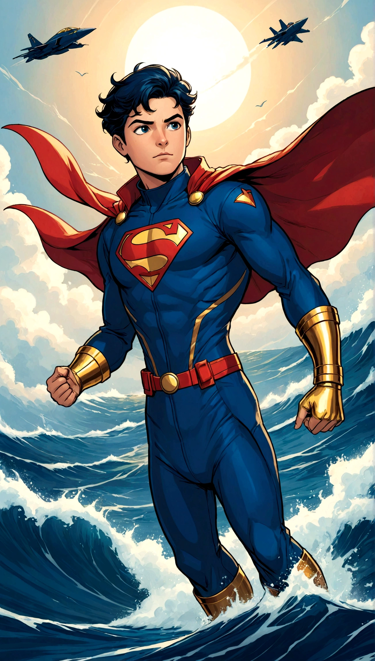 On a supersonic flight, the young superhero crosses the ocean. His uniform is dark blue, com detalhes em dourado.”HQ Comics book style.