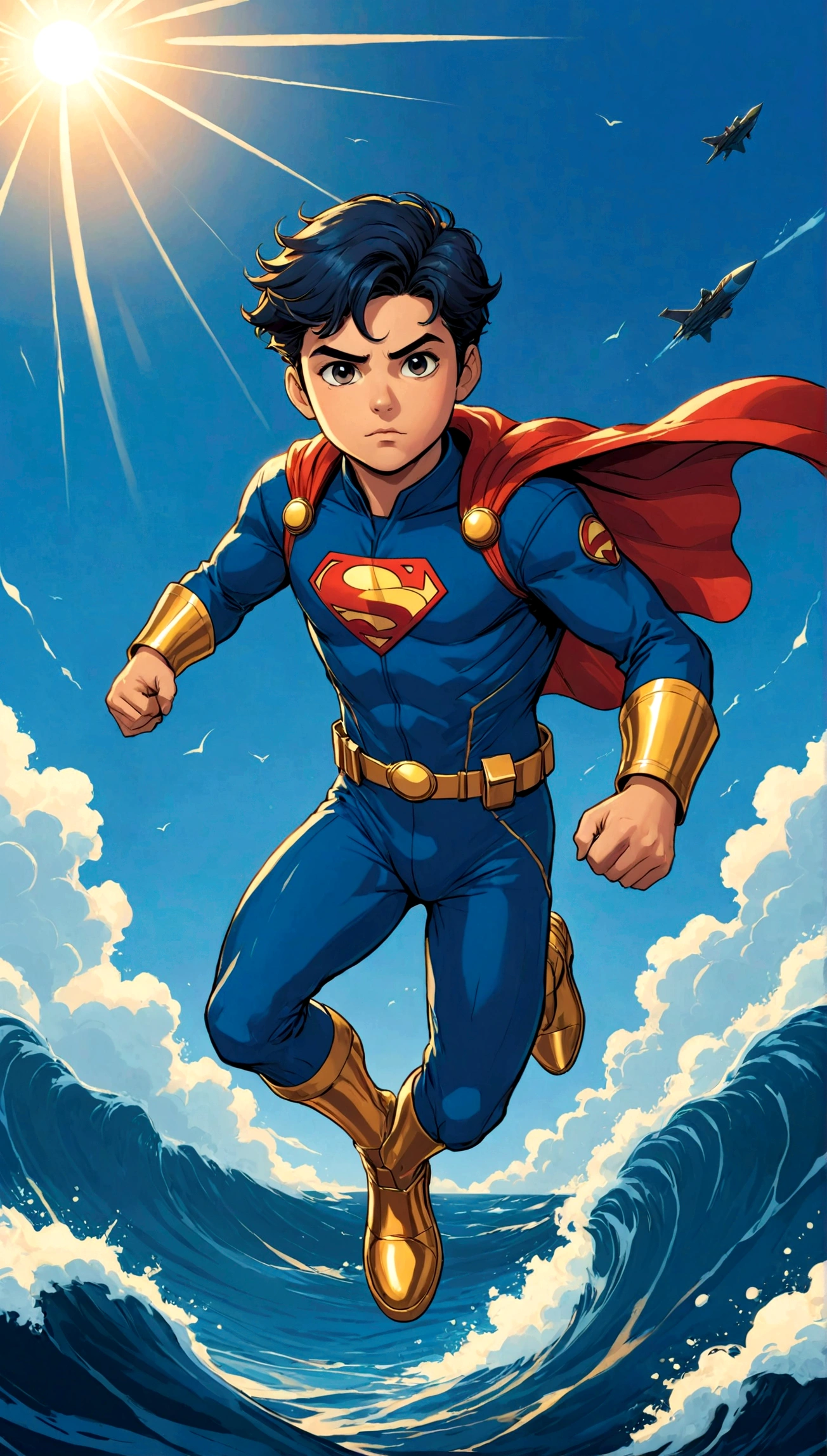 On a supersonic flight, the young superhero crosses the ocean. His uniform is dark blue, com detalhes em dourado.”HQ Comics book style.