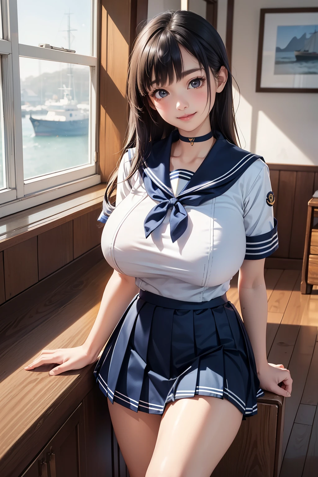 (超High resolution,4K,Very detailed, photograph, 8k, High resolution, High resolution, Absurd:1.2),18 year old Japanese female,expensive,Long black hair,Beautiful character design,Beautifully detailed eye depiction,Perfect Face,Expressive eyes,Brown eyes,Please smile with your teeth showing,(Short sleeve, Cute white sailor suit, Dark blue pleated skirt, Navy Sailor Collar, Sailor scarf, socks, Brown Loafers:1.3),(Huge breasts:1.2),Tight waist,In the living room,Daytime,Cowboy Shot