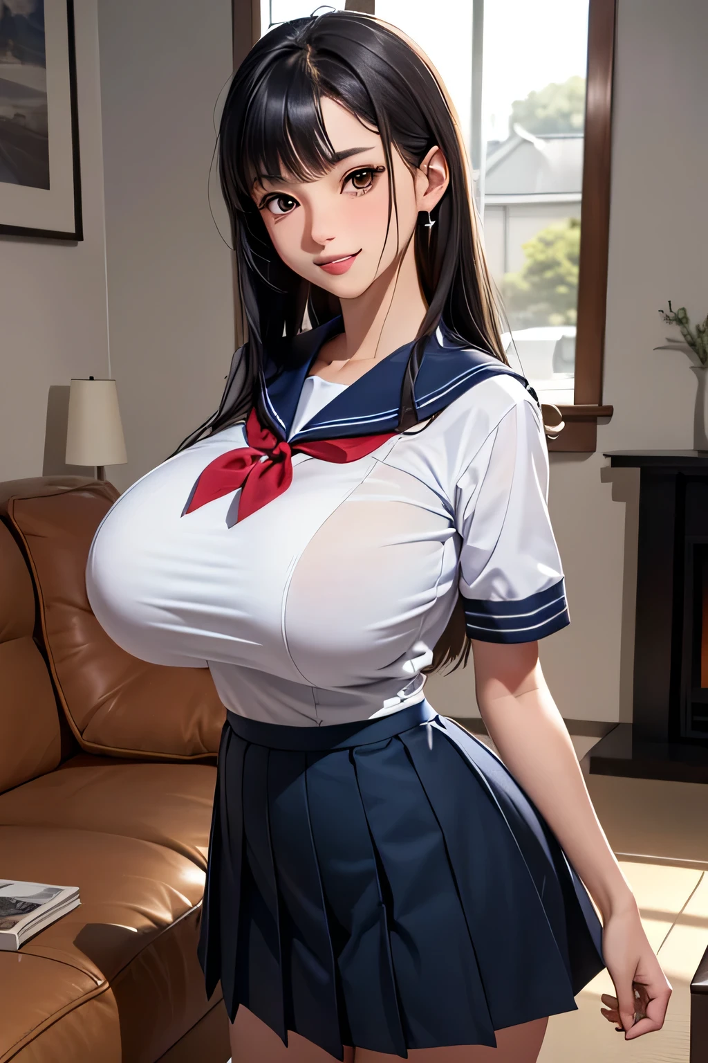 (超High resolution,4K,Very detailed, photograph, 8k, High resolution, High resolution, Absurd:1.2),18 year old Japanese female,expensive,Long black hair,Beautiful character design,Beautifully detailed eye depiction,Perfect Face,Expressive eyes,Brown eyes,Please smile with your teeth showing,(Short sleeve, Cute white sailor suit, Dark blue pleated skirt, Navy Sailor Collar, Sailor scarf, socks, Brown Loafers:1.1),(Huge breasts:1.2),Tight waist,In the living room,Daytime,Cowboy Shot