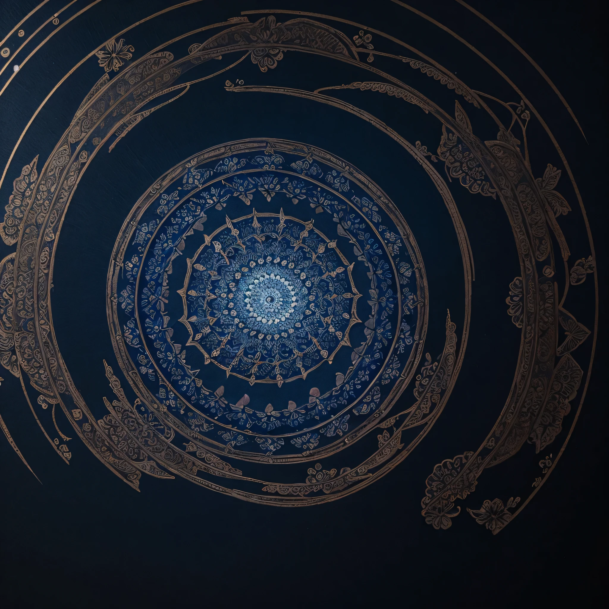 ((highest quality)), ((masterpiece)), (detailed), The background is dark、A delicate mandala art with a symmetrical circular shape and a gradient of light and dark blue.。
The work is located in the center of the image.、Make sure there are no missing parts.。