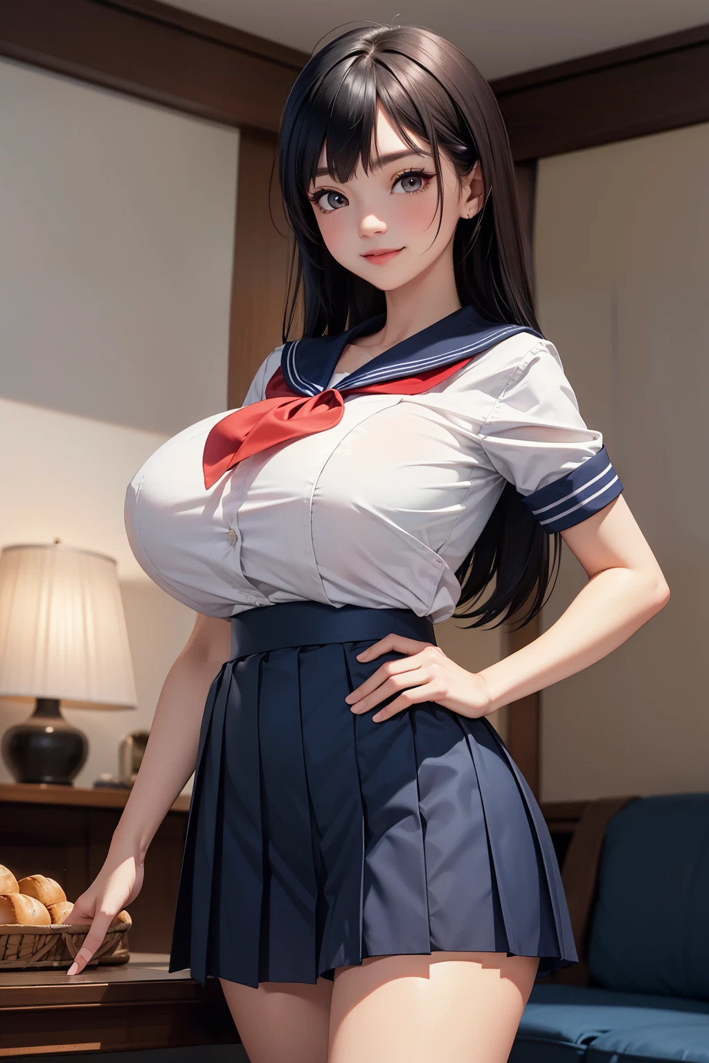 (超High resolution,4K,Very detailed, photograph, 8k, High resolution, High resolution, Absurd:1.2),18 year old Japanese female,expensive,Long black hair,Beautiful character design,Beautifully detailed eye depiction,Perfect Face,Expressive eyes,Brown eyes,Please smile with your teeth showing,(Short sleeve, Cute white sailor suit, Dark blue pleated skirt, Navy Sailor Collar, Sailor scarf, socks, Brown Loafers:1.1),(Huge breasts:1.2),(See-through bra:0.3),Tight waist,In the living room,Daytime,Cowboy Shot