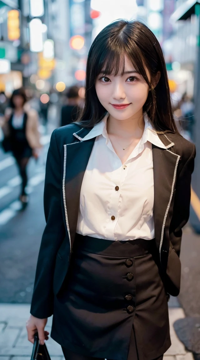 (highest quality,masterpiece:1.3,ultra high resolution),(Super detailed,caustics,8k),(photorealistic:1.4,RAW shooting),1 girl,(look at the camera with a smile),20-year-old,cute,Japanese,black hair long bronde, business attire, office lady, black officeblazer, officeskirt, (pantyhose:1.2), (short buttoneddownshirt:1.2), buttonedupcollarprim, buttoneddowncollarprim, big ,bust up shot, Tokyo street, Night, face focus, Natural light, Backlight, (A bright light shines from above), (Lens flare), professional writing, (low position), (Low - Angle)