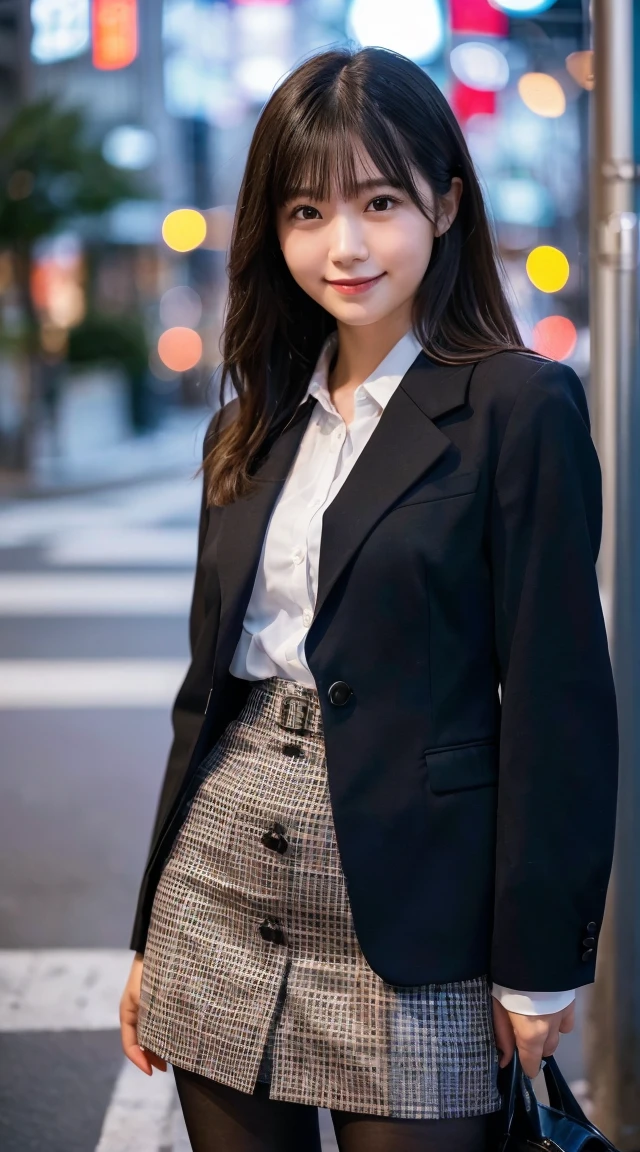 (highest quality,masterpiece:1.3,ultra high resolution),(Super detailed,caustics,8k),(photorealistic:1.4,RAW shooting),1 girl,(look at the camera with a smile),20-year-old,cute,Japanese,black hair long bronde, business attire, office lady, black officeblazer, officeskirt, (pantyhose:1.2), (short buttoneddownshirt:1.2), buttonedupcollarprim, buttoneddowncollarprim, big ,bust up shot, Tokyo street, Night, face focus, Natural light, Backlight, (A bright light shines from above), (Lens flare), professional writing, (low position), (Low - Angle)