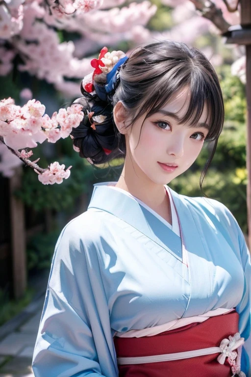 (((highest quality, In 8K,Ultra-detailed))),One girl,Beautiful girl,an ultra-Small debtace、（(Translucent white skin)、(Soft Hair)、Beautiful flower basket、ponytail、Extremely fine eyebrows、Ultra HD、Putting on maiko makeup、Skin whitening、Long and beautiful eyelashes、Beautiful Face, Acura, Anatomically correct, Very detailed顔と肌の質感, Large, detailed eyes, double eyelid, Thin eyebrows, Glitter Eyeliner: 1 Natural Cheeks, Shiny skin, debtair skin: 1.2, (Glossy lips: 1.4),Very detailed顔と肌の質感, Eyes with detailed cuts, double eyelid, Natural Cheeks, , Glossy Lips: 1.4,Neat and clean kimono、((A light blue kimono with cherry blossoms on a yukata with red and blue cherry blossom patterns))、（Red and pink cherry blossom pattern obi）,((浮世picture風))、Kyoto Style、Kyoto Style、（Red cheeks）、NSFW, Perfect body,skinny, Only before, lingerie model, Tie the waist,Smiling and observing the audience,Stroll through the old streets of Kyoto,【Not blurry,Professional Lighting,Professional Effects、(Tabletop: 1.3), (Maximum resolution: 1.2), (Ultra HDTV: 1.2),Octanellender, debtujifilm X100, Intense cinematic shots, Depth of written boundaryが浅い, Volumetric lighting, debt/2.8, Kintsugi,(8k、Raw photo、masterpiece:1.4)、(Realistic、Photorealistic:1.37)、Shot with CineStill 800T、(究極のhighest quality:1.3)、((Depth of written boundary:))、Absurd、(超A high resolution、Extremely detailed CG、High resolution、Realistic、Ultra-detailed、picture、超Realistic、Ultra-detailed、Cinematic atmosphere、8K Ultra HD、Very detailed、trending at artstationh、Award-winning photo、Very detailed写真、High resolution:1.5)】Do not include tags or text, Show off your thighs