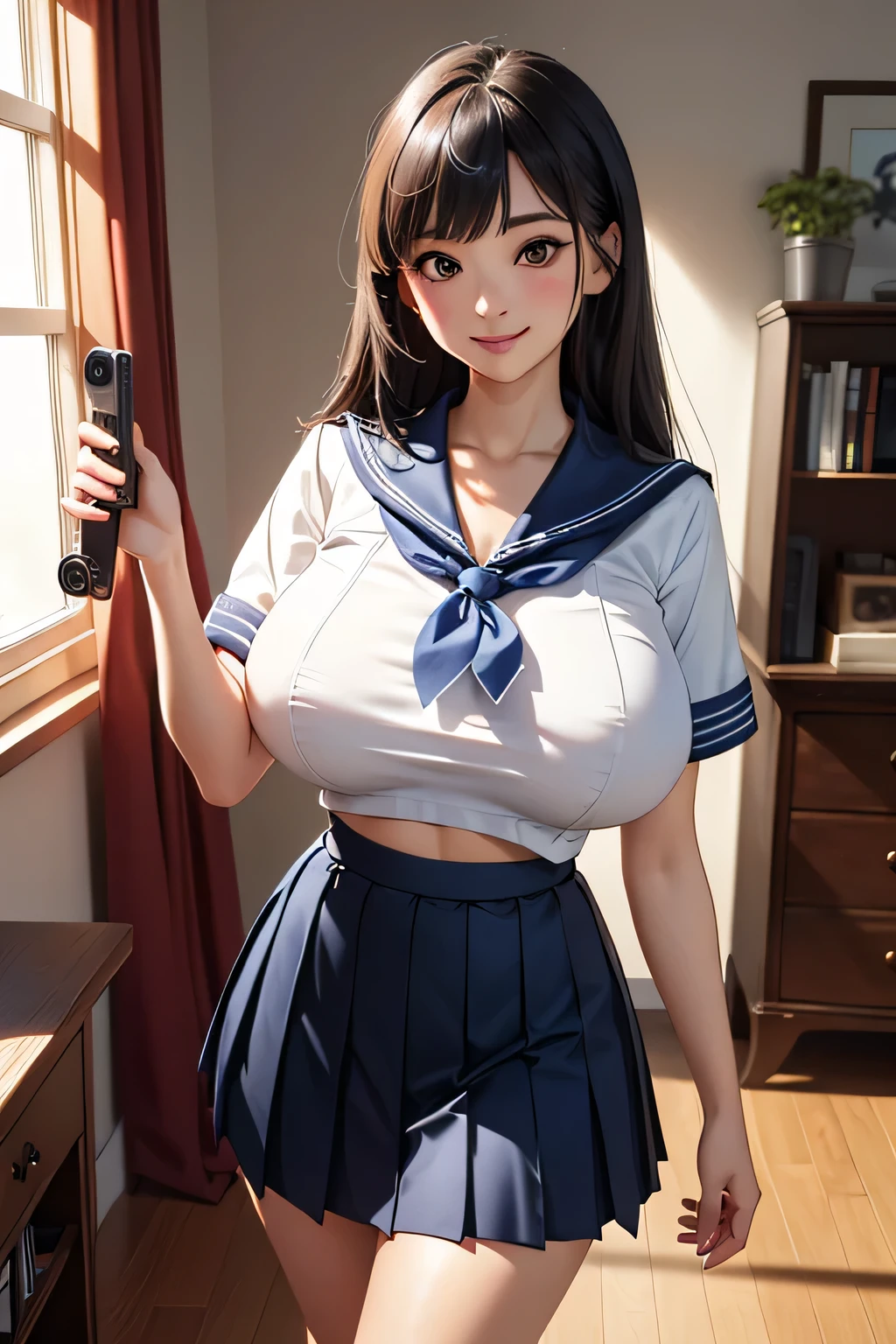 (超High resolution,4K,Very detailed, photograph, 8k, High resolution, High resolution, Absurd:1.2),18 year old Japanese female,expensive,Long black hair,Beautiful character design,Beautifully detailed eye depiction,Perfect Face,Expressive eyes,Brown eyes,Please smile with your teeth showing,(Short sleeve, Cute white sailor suit, Dark blue pleated skirt, Navy Sailor Collar, Sailor scarf, socks, Brown Loafers:1.1),(Huge breasts:1.2),(See-through bra:0.6),Tight waist,In the living room,Daytime,Cowboy Shot