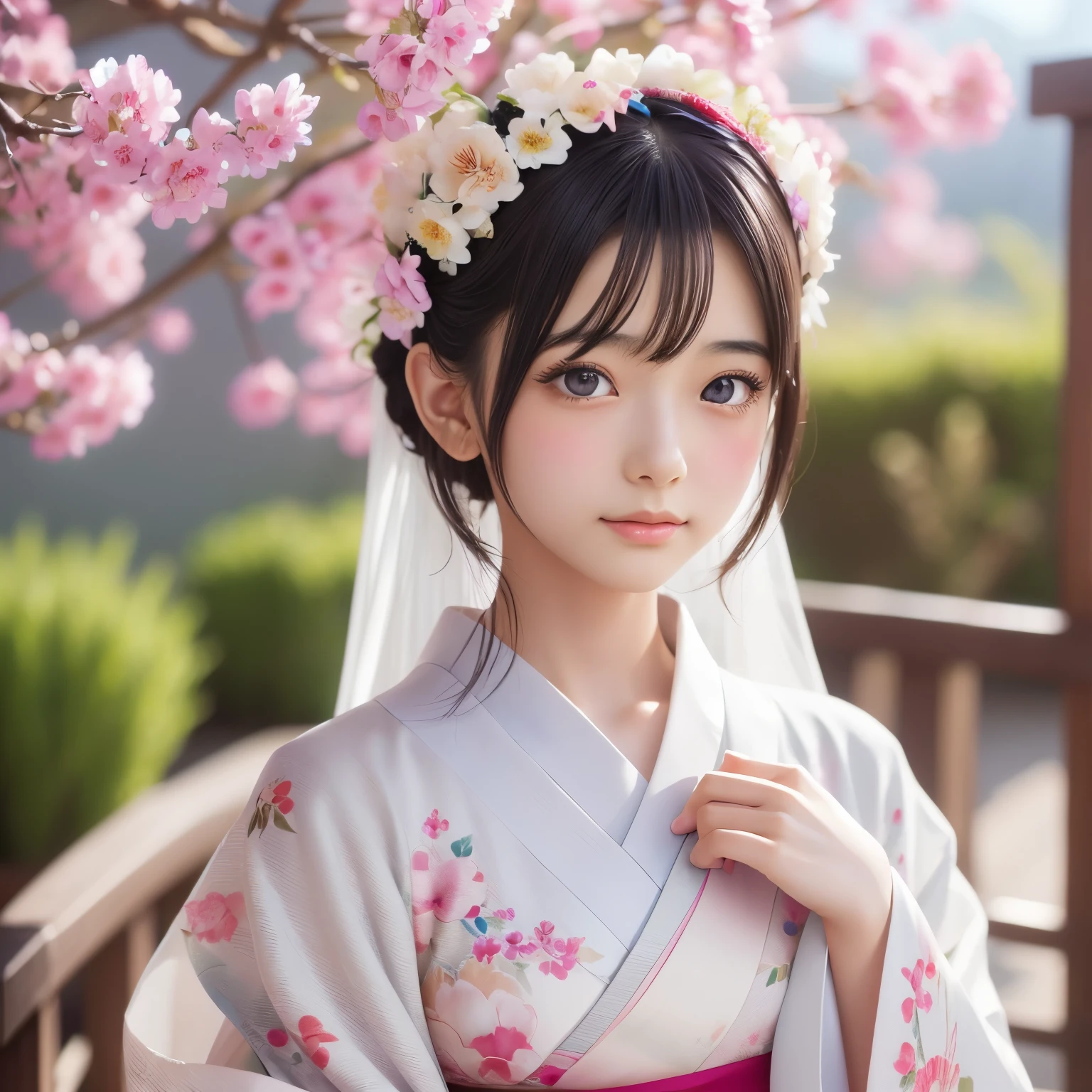 Arabian woman in kimono with flowers on her head, Beautiful digital artwork, Beautiful digital illustrations, Beautiful digital painting, Gorgeous digital painting, Gweiz-style artwork, Photorealistic anime girl rendering, Smooth anime CG art, Beautiful digital art, Amazing digital art with great detail, Amazing digital illustrations, Detailed digital anime art, April Rendering, Beautiful anime portraits