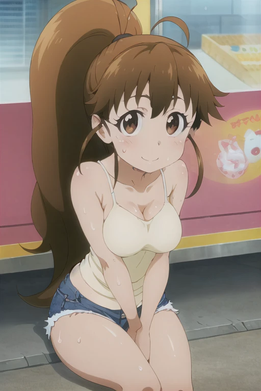 (((masterpiece))), ((highest quality)), (Very detailed), ((High resolution)), ((8k)), ((Anatomically correct)), One very cute girl, Baby Face, (Big Breasts), Very large breasts,  (Taneshima Popura), Brown Hair, long hair, ponytail, Letting down your bangs, ((Short)), ((Petite)), Charming smile, Brown Eyes, Best moment, Delicate arms, Detailed skin texture, Intricate details, Very detailedな顔, Beautiful thighs, Beautiful curves, ((Sweating)), ((Short camisole)), ((Denim shorts)), (Yankee sitting), In front of the convenience store, Love your audience, Her breasts are shaking, Hair swaying in the wind