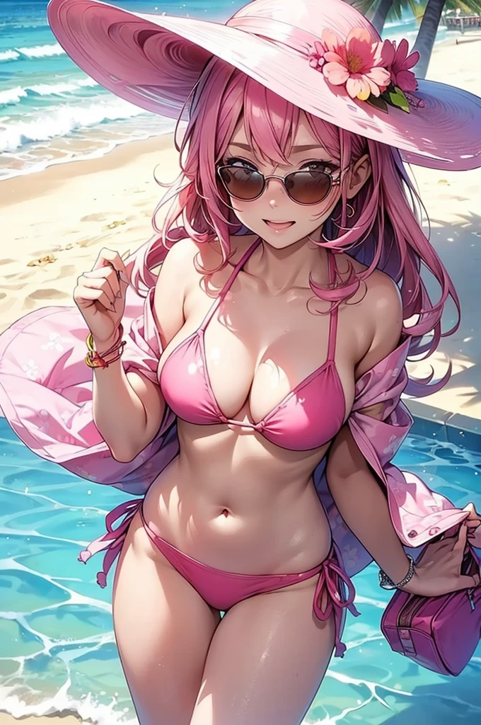 A woman standing confidently on a sunlit beach or by the pool, wearing a vibrant pink swimsuit. She’s accessorized with a stylish pink sunhat, sunglasses, and a matching beach towel or cover-up. The background includes elements like blooming pink flowers, a beach bag with pink accents, and perhaps a pink-themed drink, creating a cohesive and cheerful pink palette.