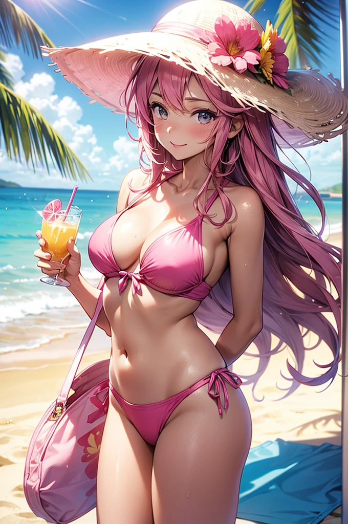 A woman standing confidently on a sunlit beach or by the pool, wearing a vibrant pink . She’s accessorized with a stylish pink sunhat, sunglasses, and a matching beach towel or cover-up. The background includes elements like blooming pink flowers, a beach bag with pink accents, and perhaps a pink-themed drink, creating a cohesive and cheerful pink palette.