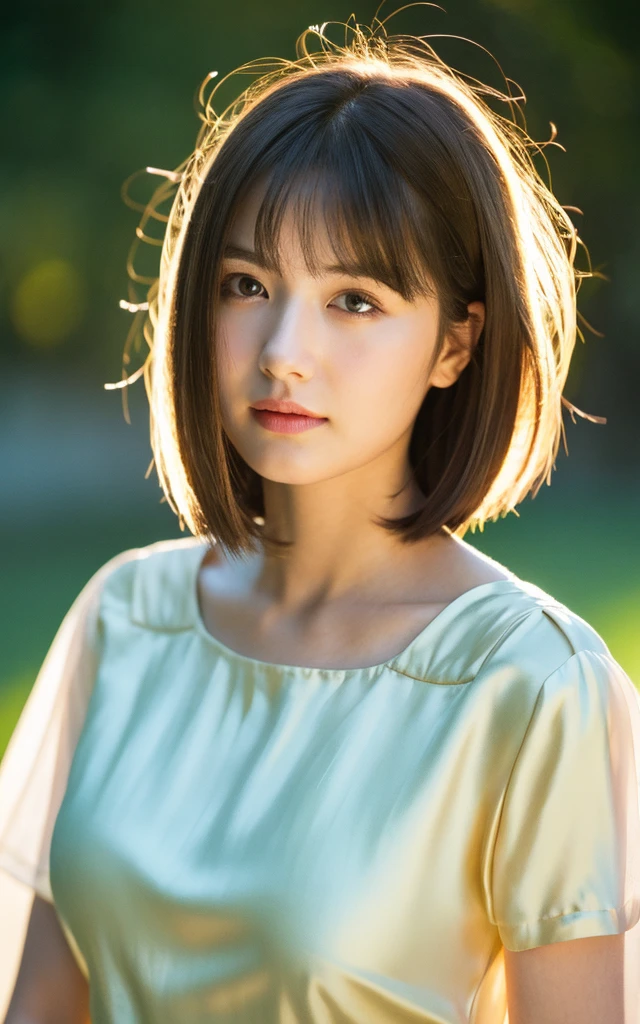 masterpiece, Best Quality, 8K, 20 yo, (Large breast:1.2), cuddly, Solo, sad, close up, Cute, Girly, Delicate girl, Neat and clean beauty, Raw photo, Professional Photography, Portrait, Soft light, Professional Lighting, Back lighting, Full body, Looking away, Sophisticated, Film grain, (Eyes and faces with detailed:1.0), beautiful straight hair, Medium length hair swaying in the wind, silk blouse, Japanese lady
