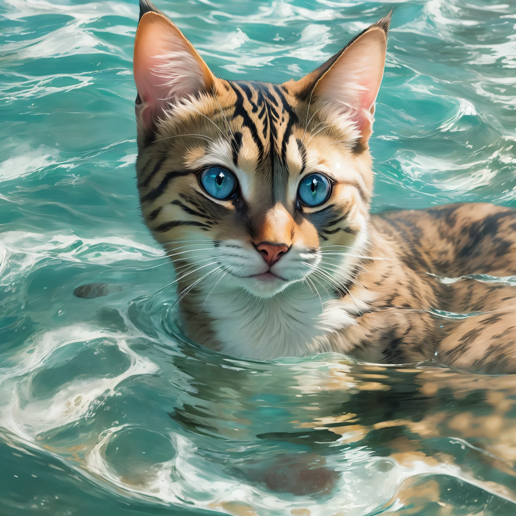 A swimming tabby cat,Bright Eyes,Sunlight,Blue sky,White Cloud,