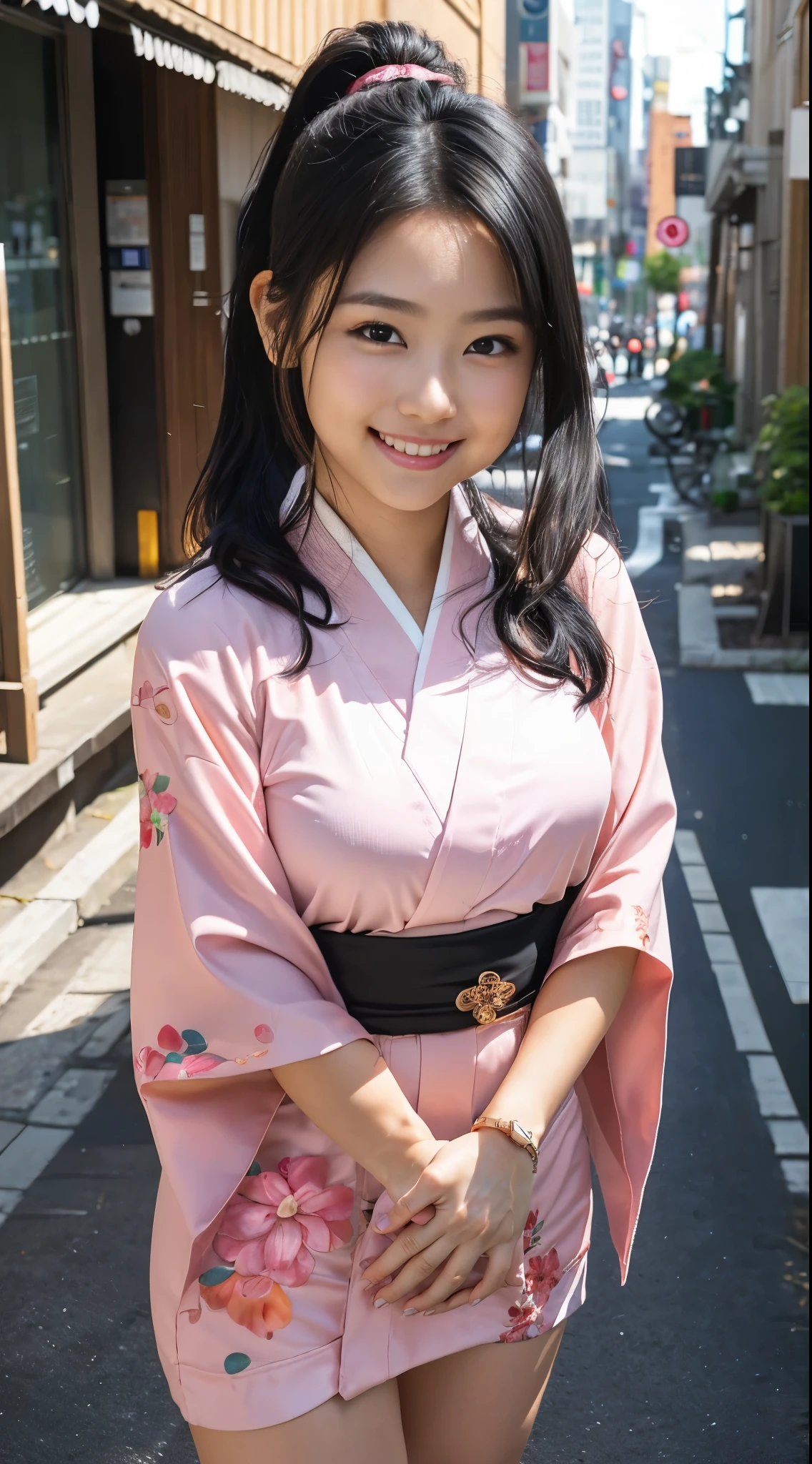 （8k、Raw photography、highest quality、masterpiece：1.2),(Black Hair、Dark Eyes:1.9),(ponytail:1.4)、View your audience,Viewed from the front,White skin,(Pink kimono:1.4)、(Tight waist:1.6)、(Clothes that accentuate the shape of the breasts:1.0)、(Big Breasts :1.3)、Slim figure、Ultra-high resolution,beautiful,beautiful fece,(one person、No background:1.9),whole bodyボディー,Japanese women,（reality的：1.37）、Photon Mapping,reality、(****-***** and cute: 1.5)、(Cute Smile: 1.8)、(Round face: 1.8)、Radio City、Physically Based Rendering、Depth of field rally background、photograph, (I can see your knees、Thigh close-up:1.8),（:1.6）,whole body、Great quality