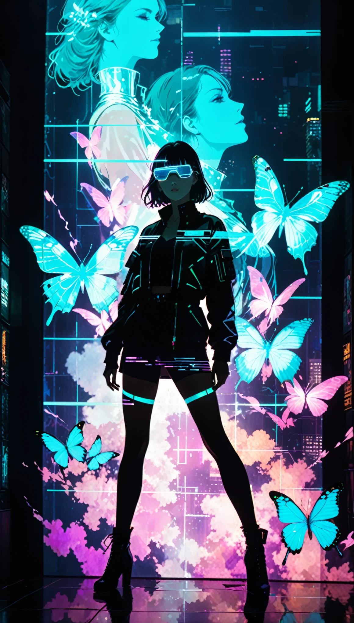 in style of Harry Clarke,(in style of Ashley Wood:1.4),
(double exposure:1.4),1 huge silhouette of a girl and eerie projection of a battle city,thrilling footage exposed,cyberpunk vaporwave,holographic projection,(posing,Dynamic Action:1.8),Fractal Art,lighting butterfly