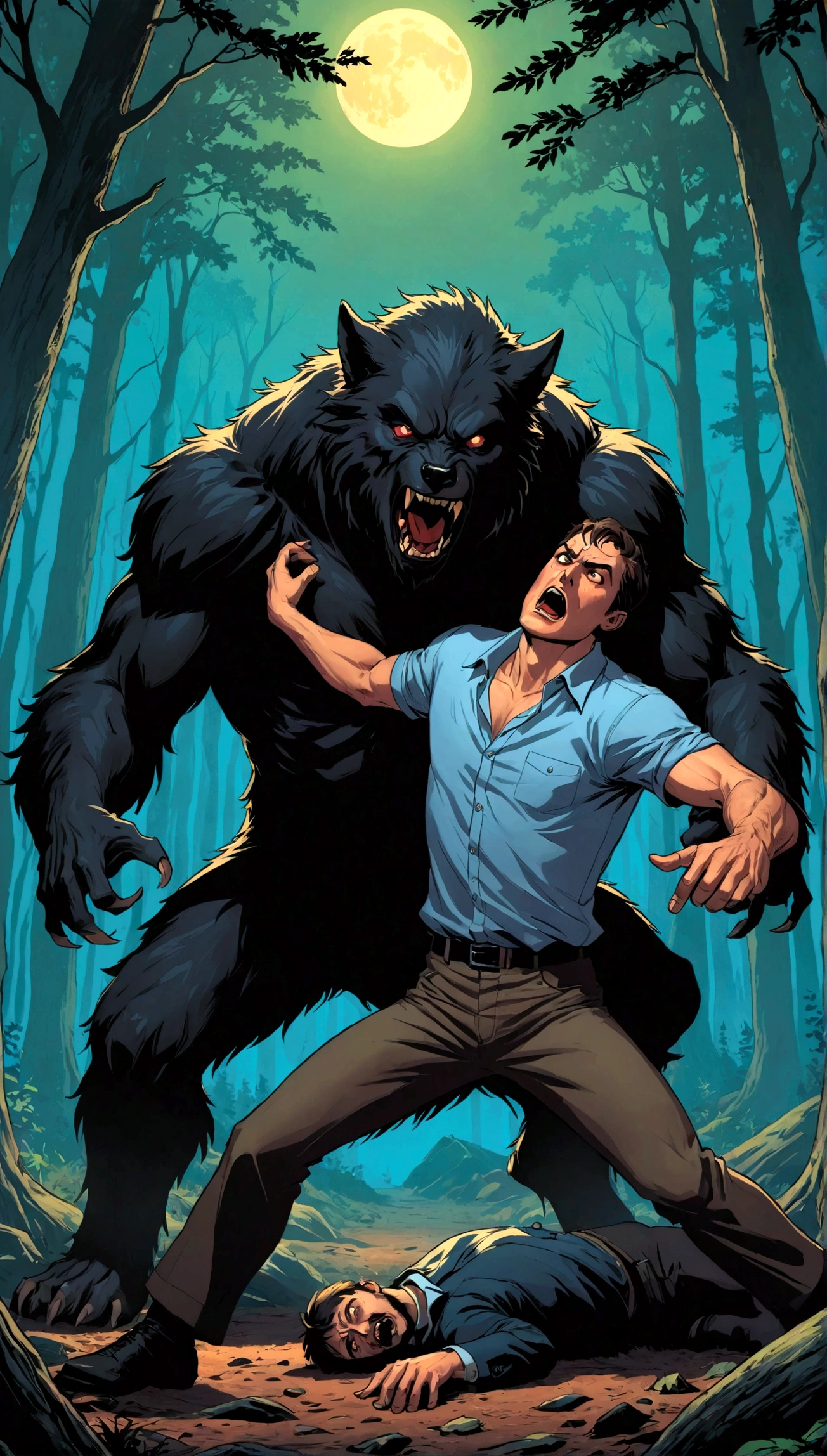 A guy gets attacked by a werewolf in the woods hq comics book .
