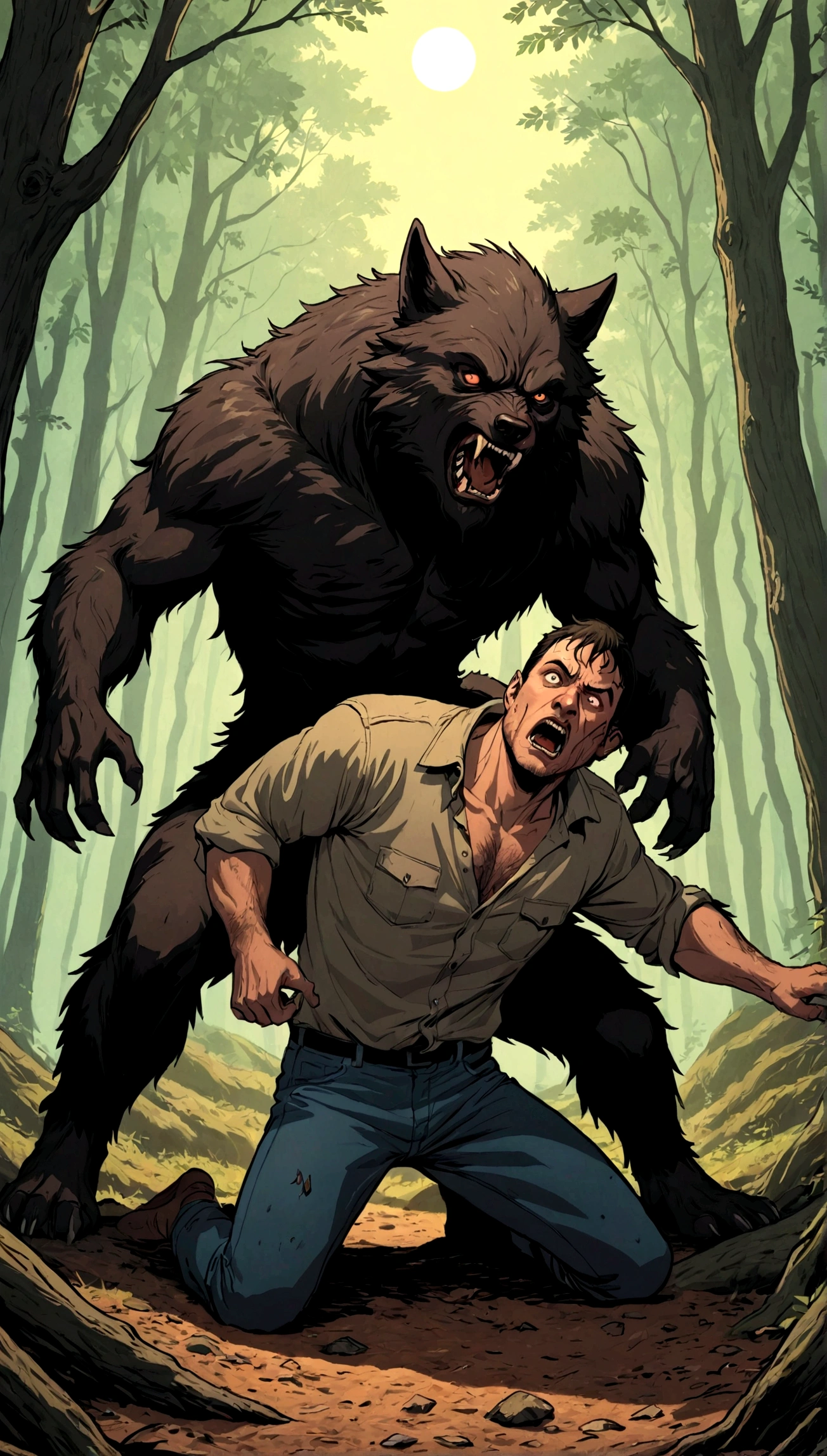 A guy gets attacked by a werewolf in the woods hq comics book .